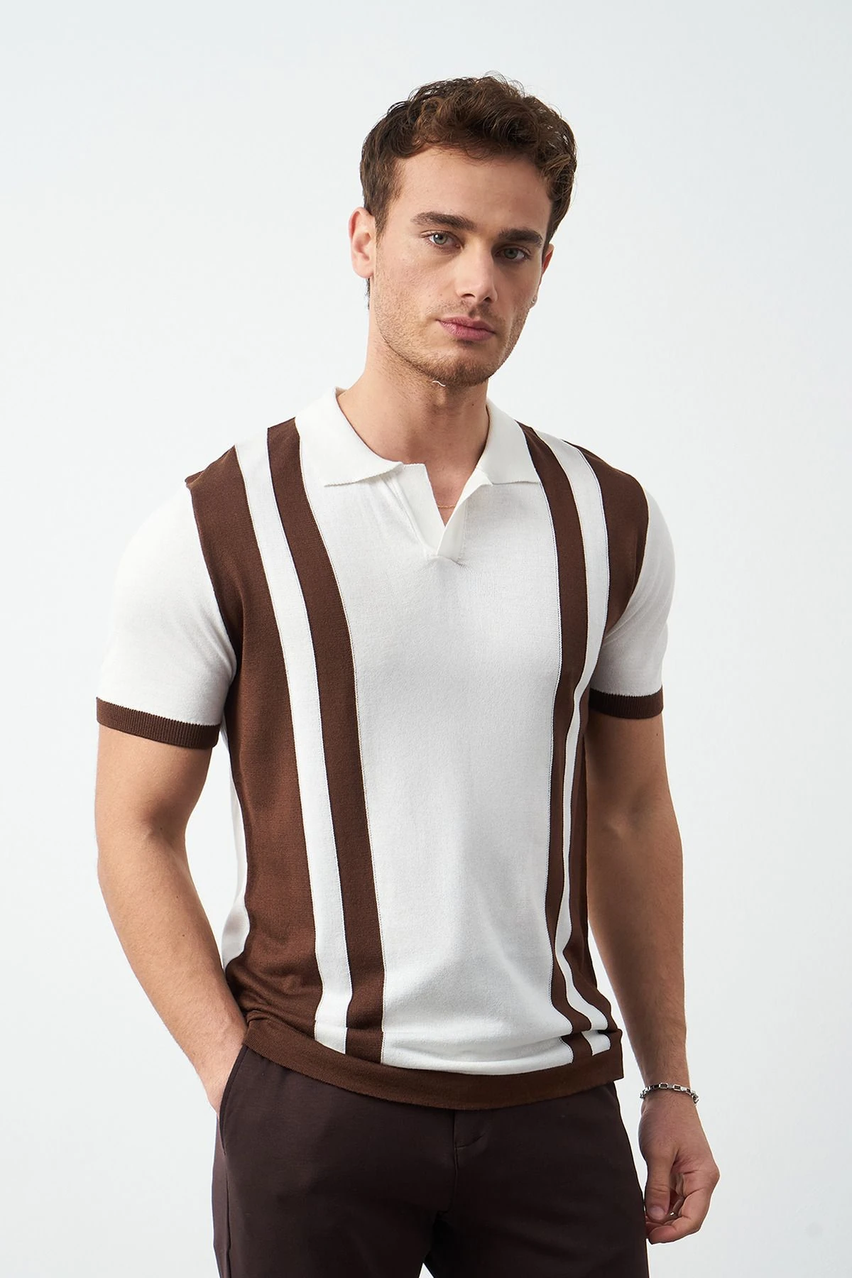 Çizgili Polo Yaka Triko Erkek T-Shirt - Kahverengi