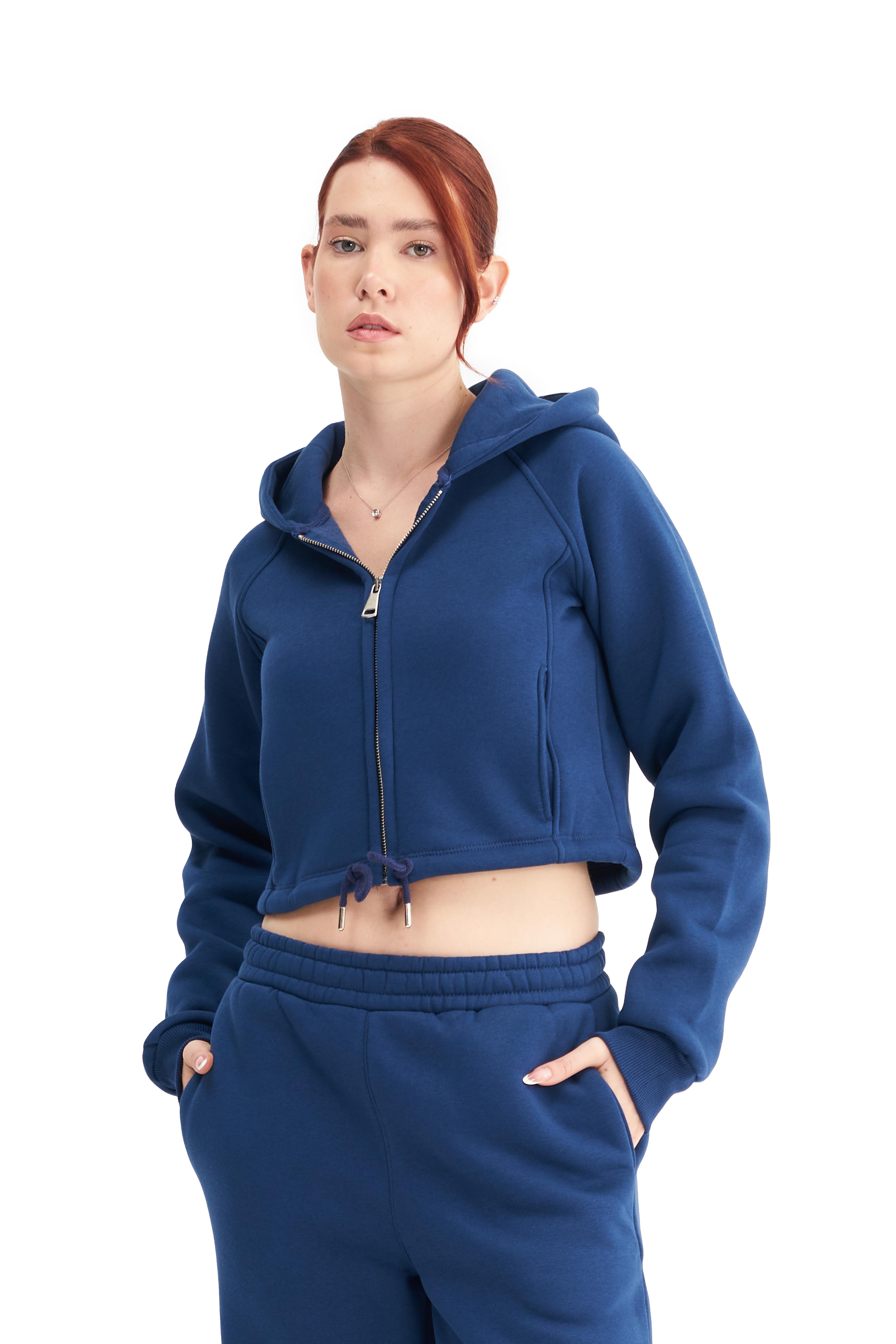 Mesfeno Kadın Fermuarlı Kapüşonlu Crop Sweatshirt - Indigo