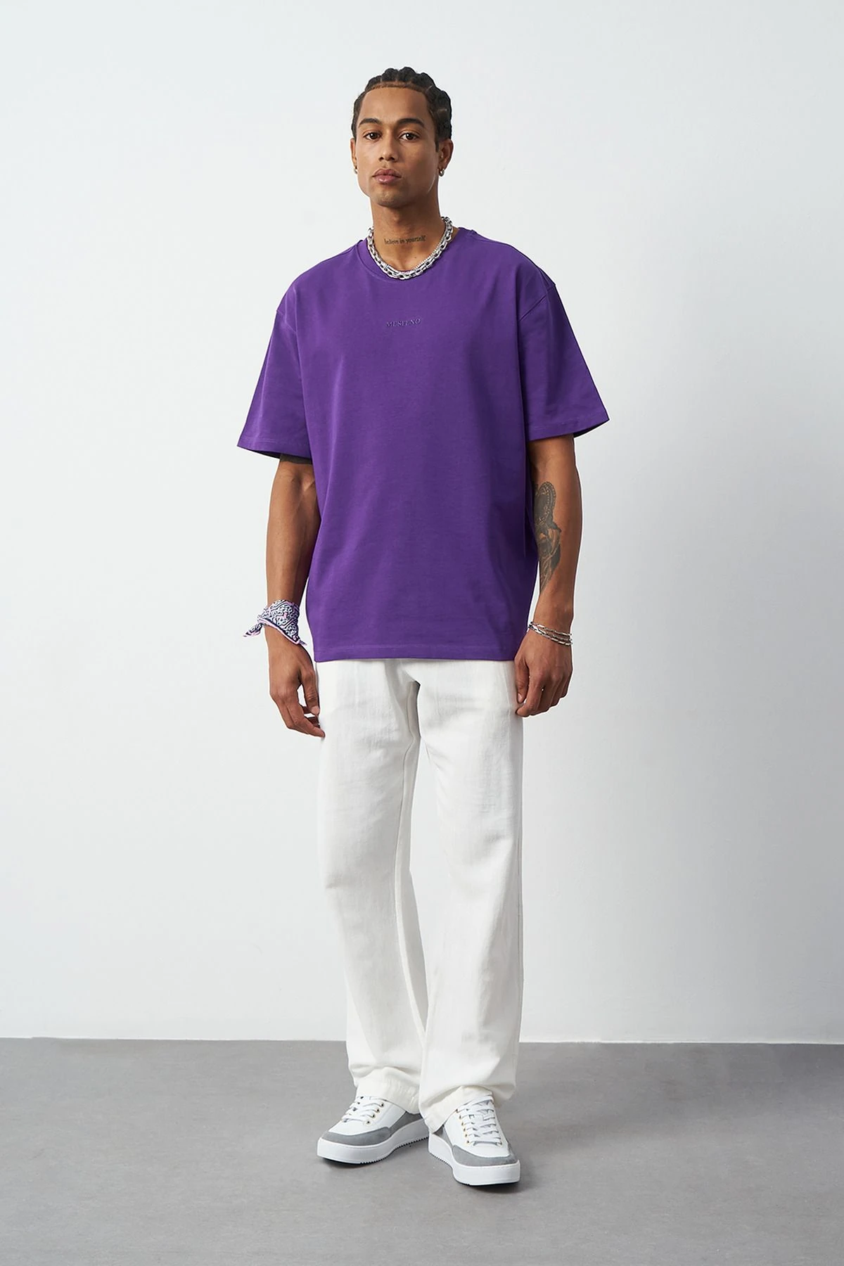 Ön Baskılı Boxy Fit Bisiklet Yaka T-Shirt - Mor