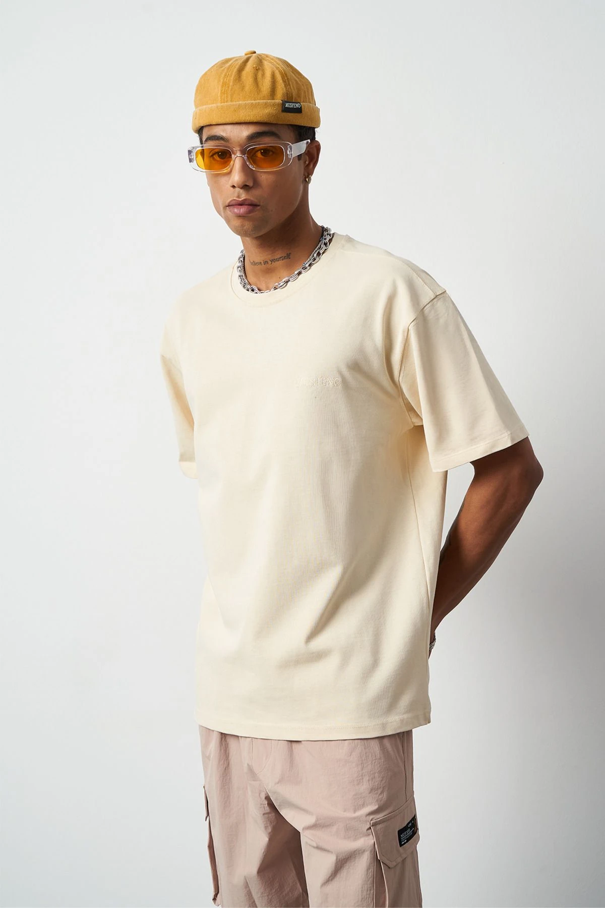 Efektli Yıkamalı Boxy Fit Premium T-Shirt - Bej