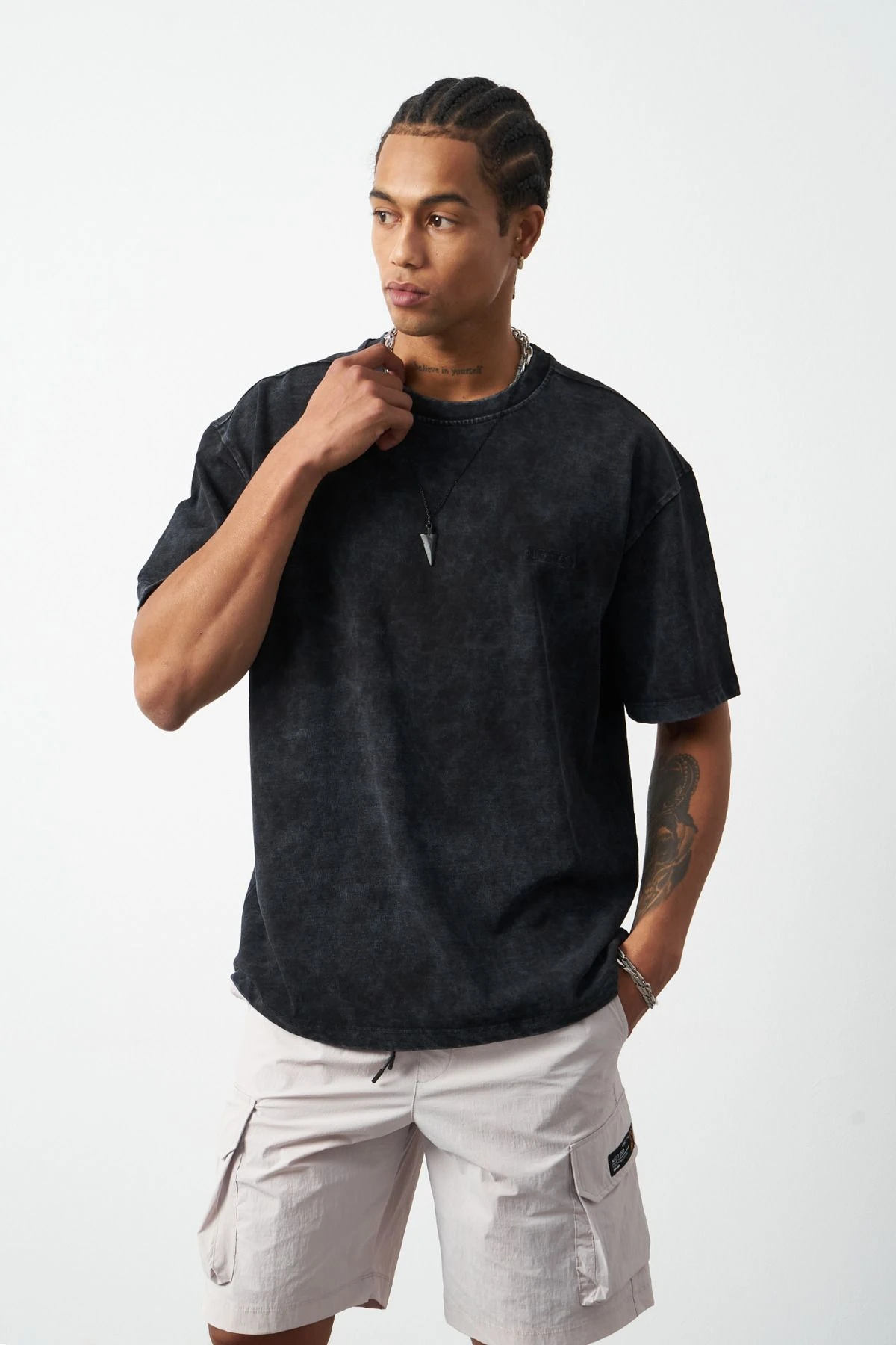 Efektli Yıkamalı Boxy Fit Premium T-Shirt - Siyah