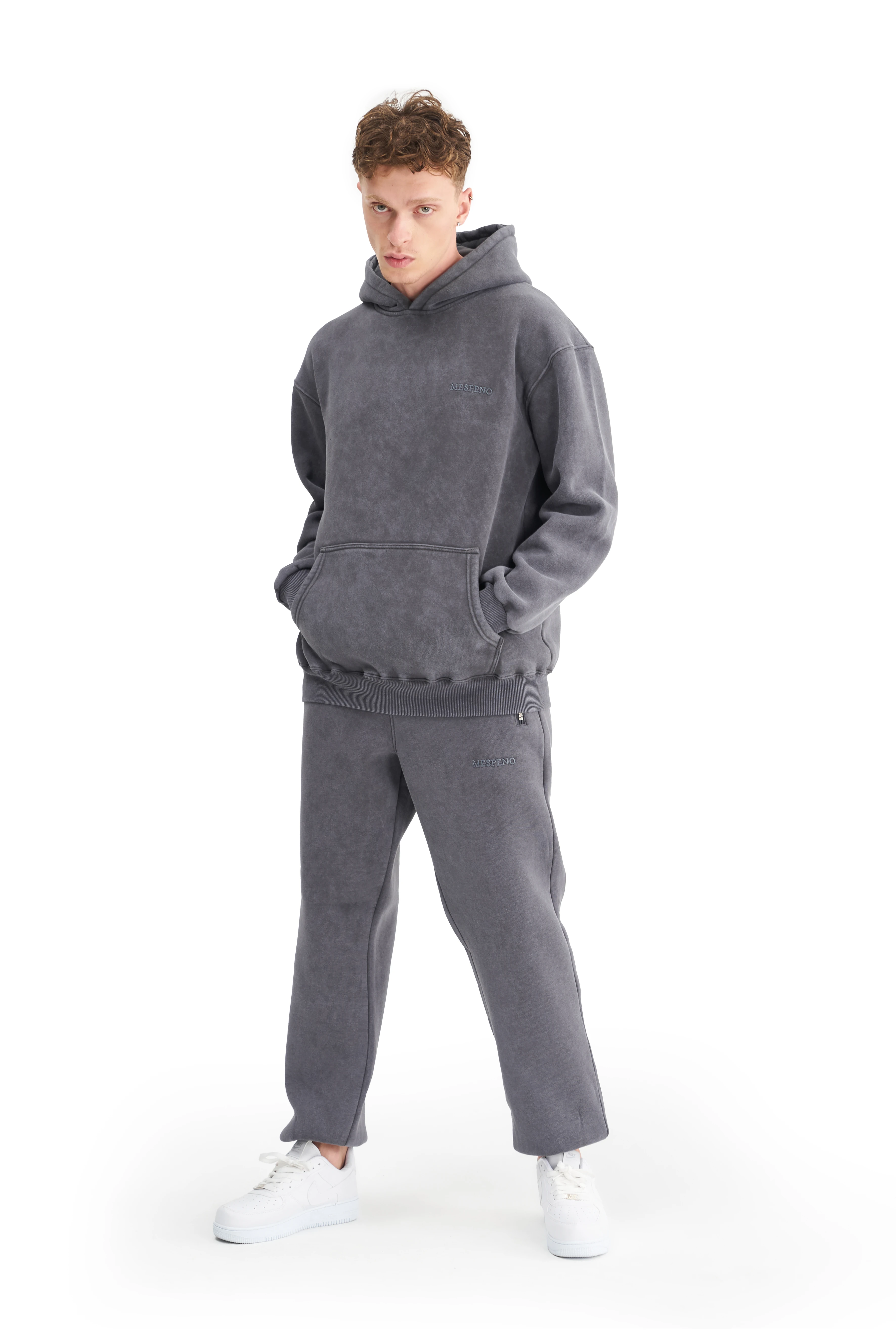 Mesfeno Erkek Oversize Şardonlu Kapüşonlu Yıkamalı Sweatshirt