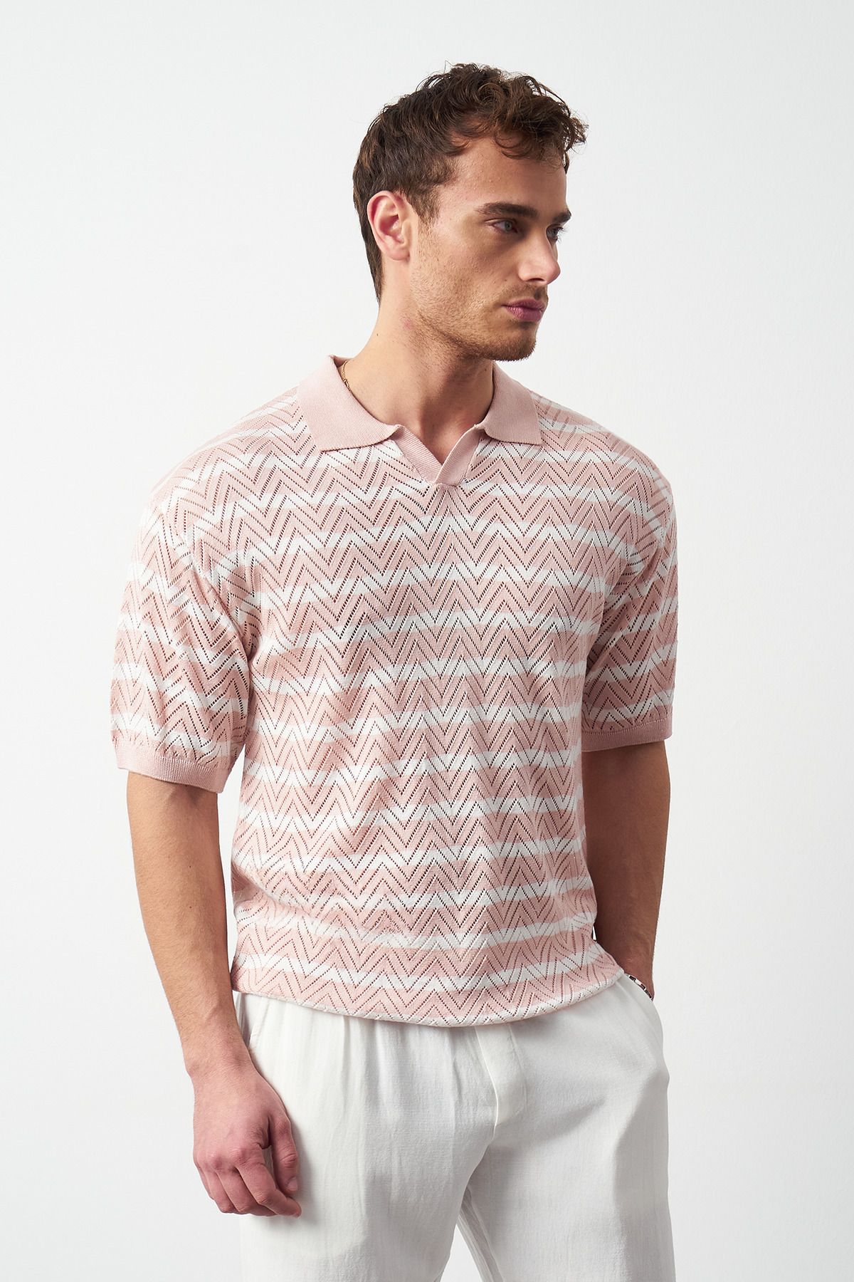 Çizgili Regular Fit İnce Triko Erkek T-Shirt - Pembe