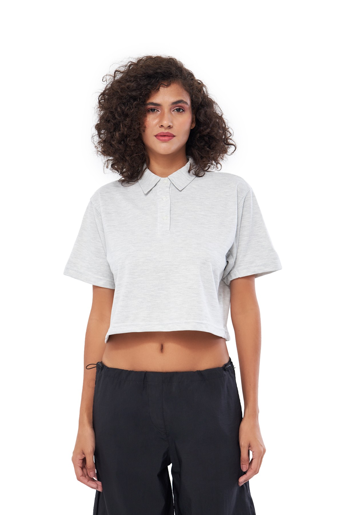 MESFENO KADIN BASIC OVERSIZE FIT CROP POLO TSHIRT - Gri