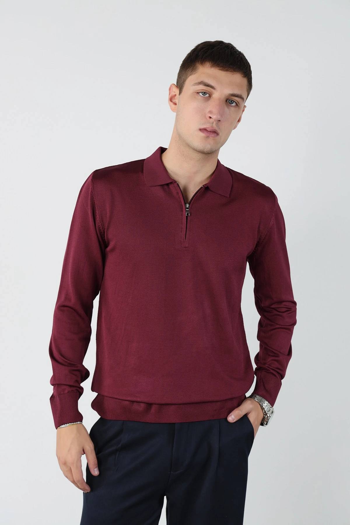 Erkek Polo Yaka Fermuarlı Merserize Triko - Bordo