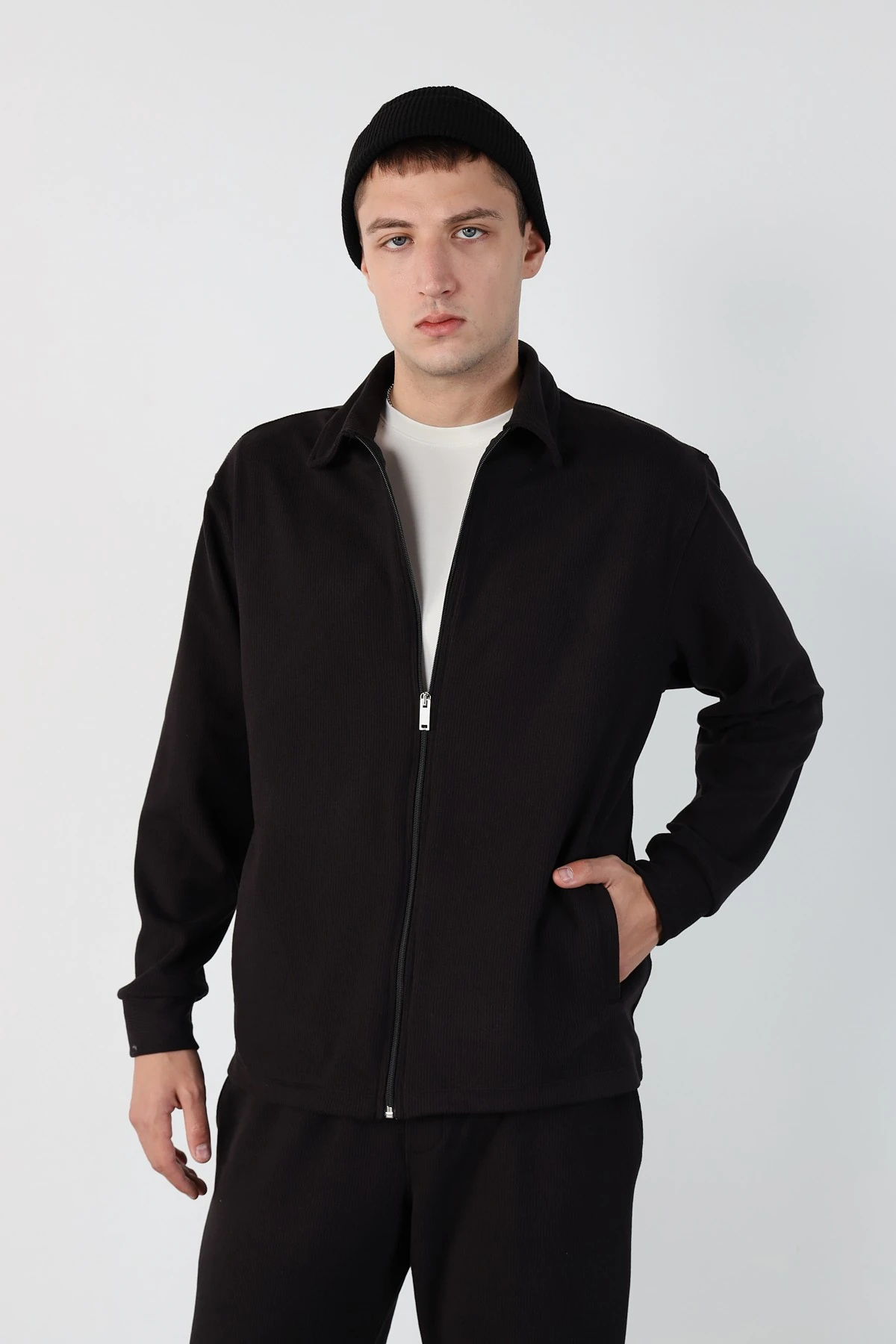 Oversize Fermuarlı Ottoman Sweatshirt - Siyah