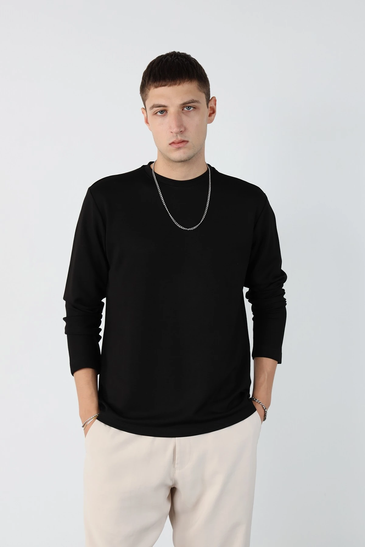 Regular Esnek Modal Kumaş Erkek Sweatshirt - Siyah