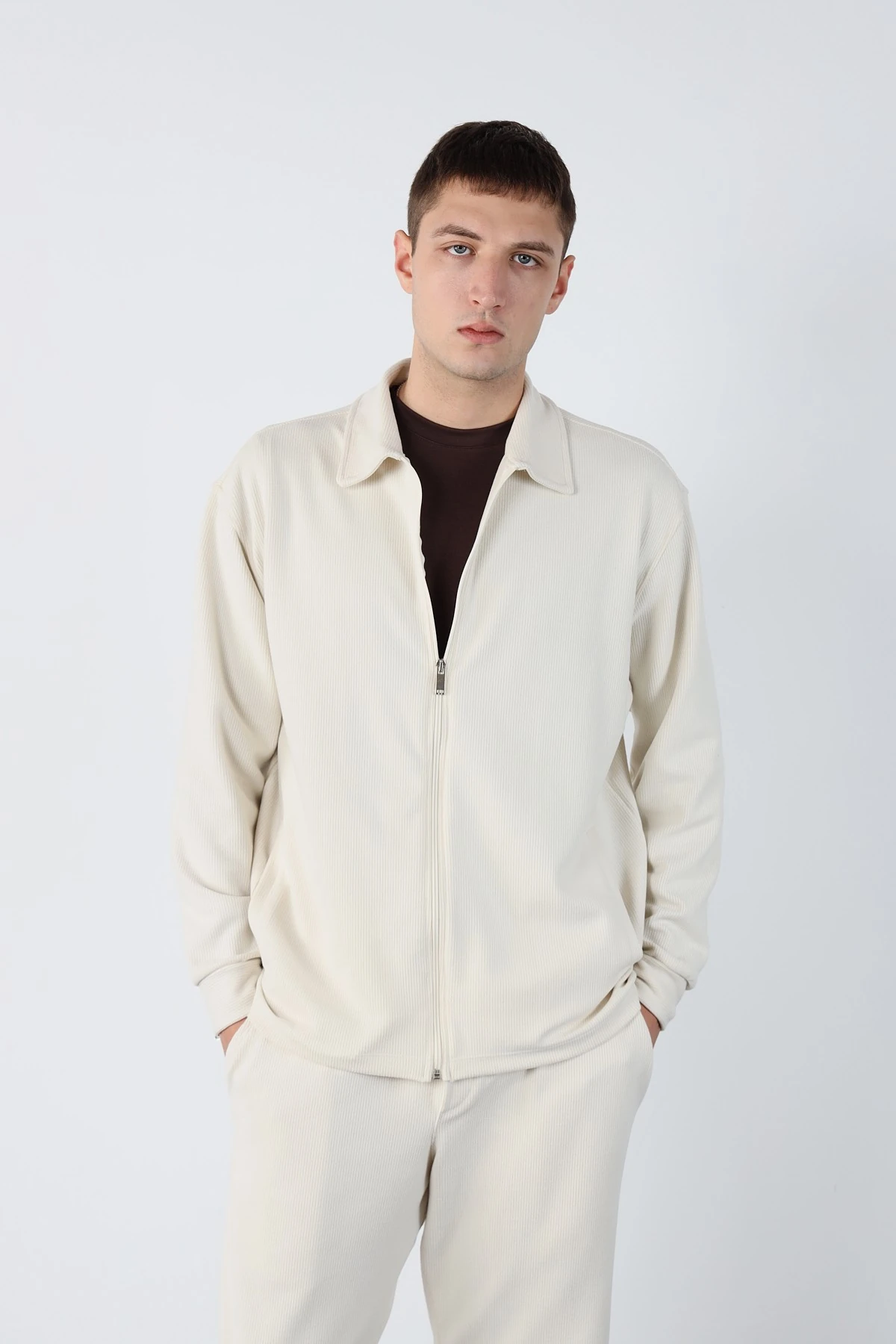 Oversize Fermuarlı Ottoman Sweatshirt - Krem