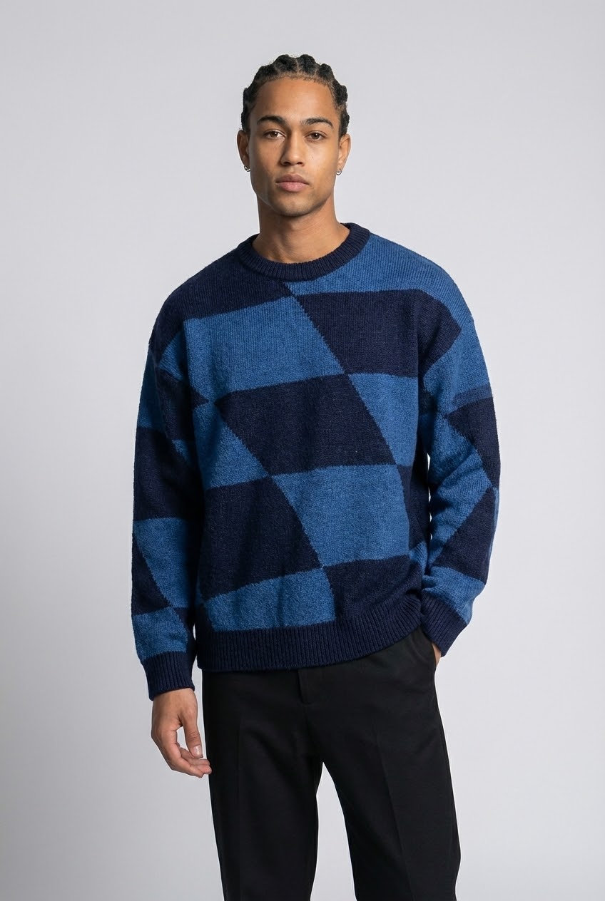 Zigzag Bloklu Oversize Kazak - Indigo