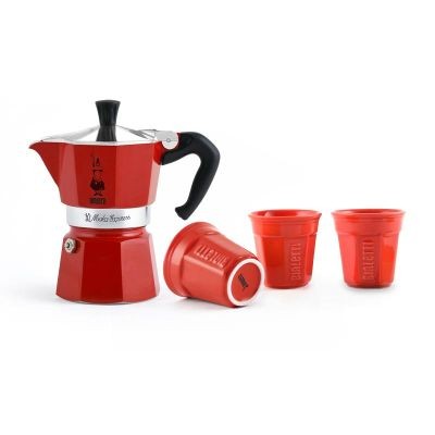 Bialetti Express Moka Pot, 3 Cup + 3 Fincan, Kırmızı