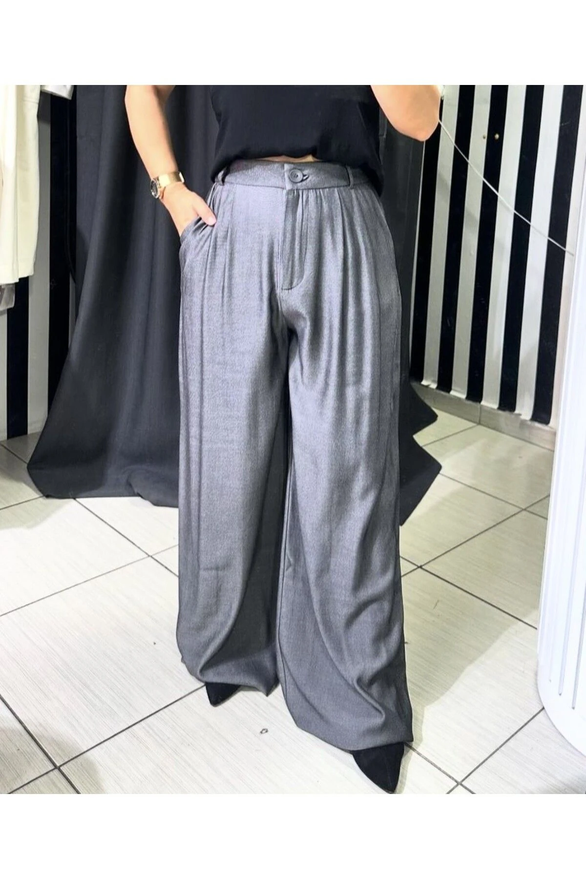 Gri Palazzo Düğmeli Fermuarlı Pantolon