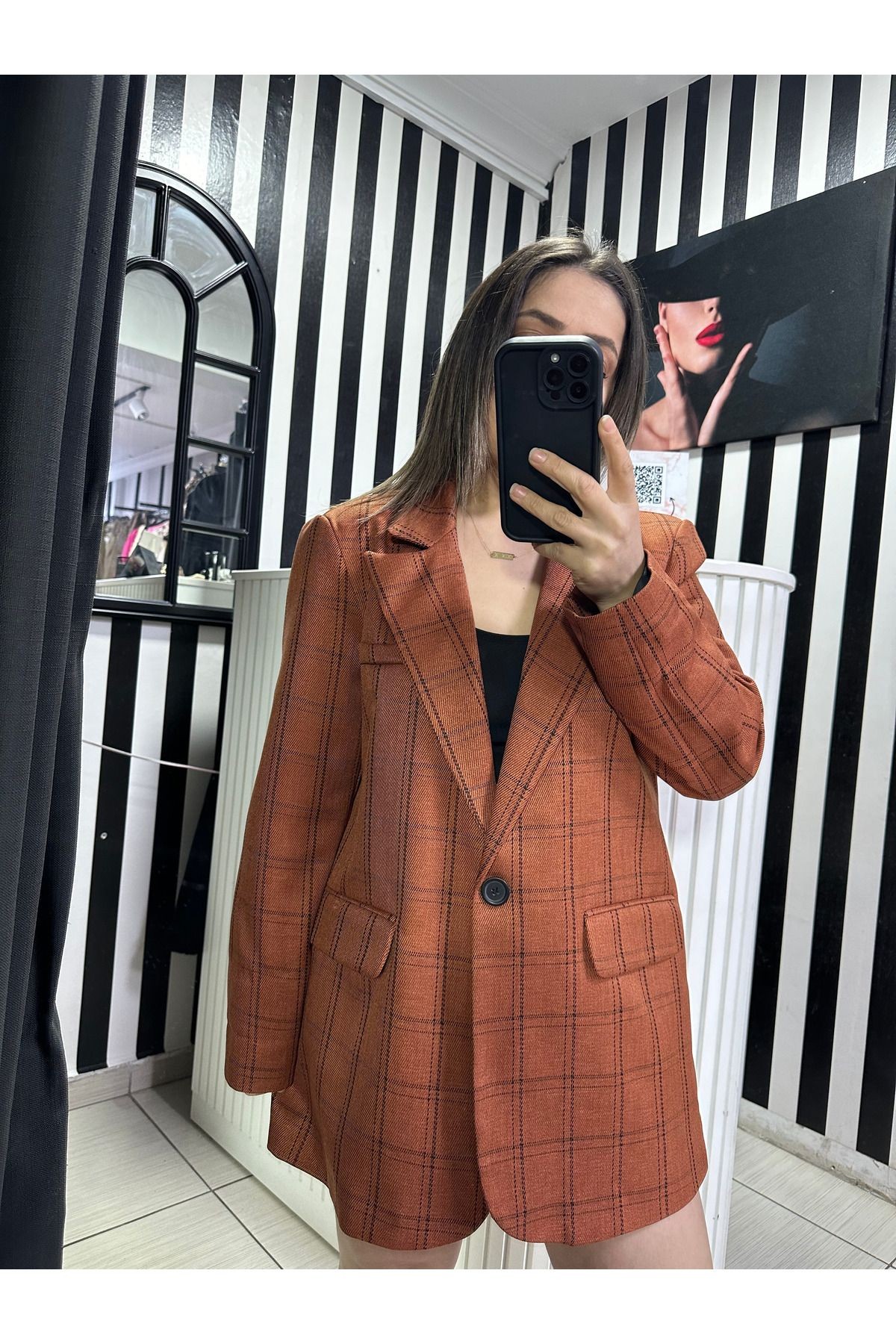 taba ceket, taba ekose tek düğme blazer ceket