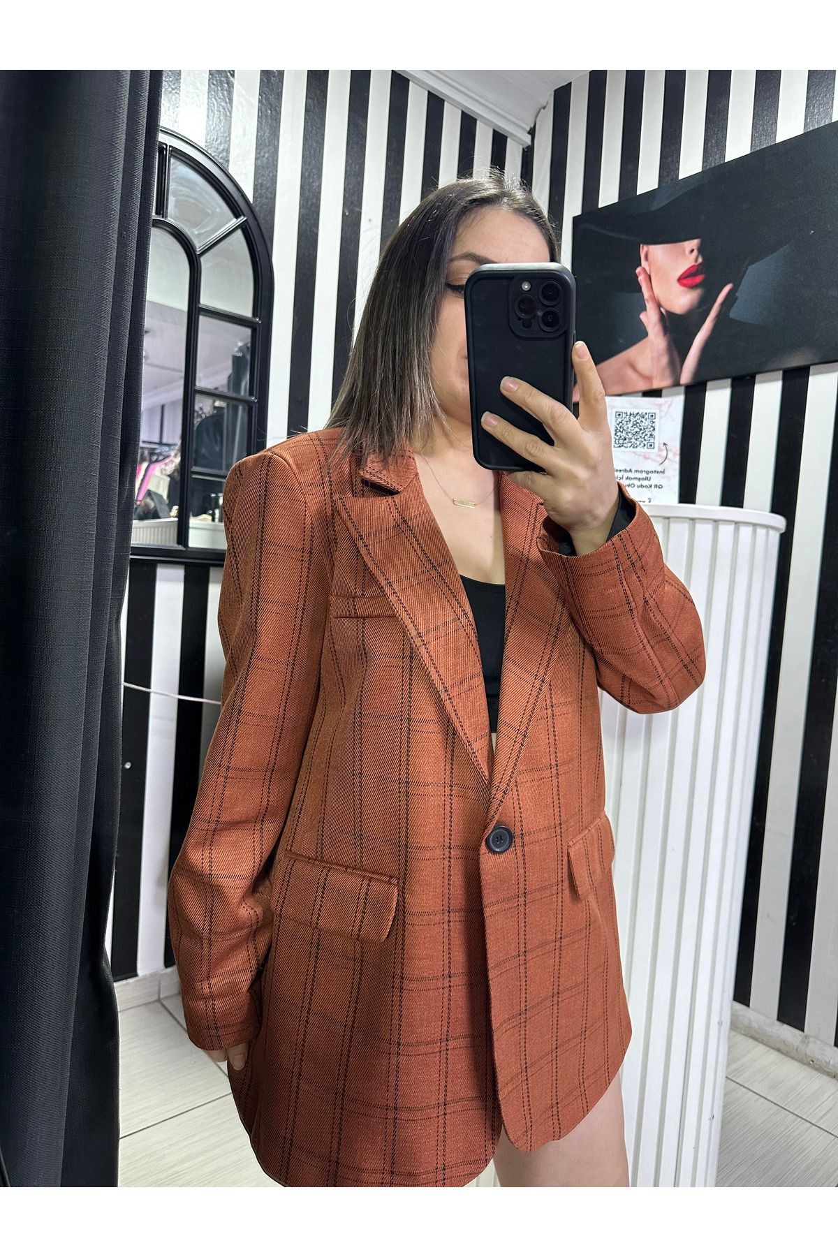 taba ceket, taba ekose tek düğme blazer ceket