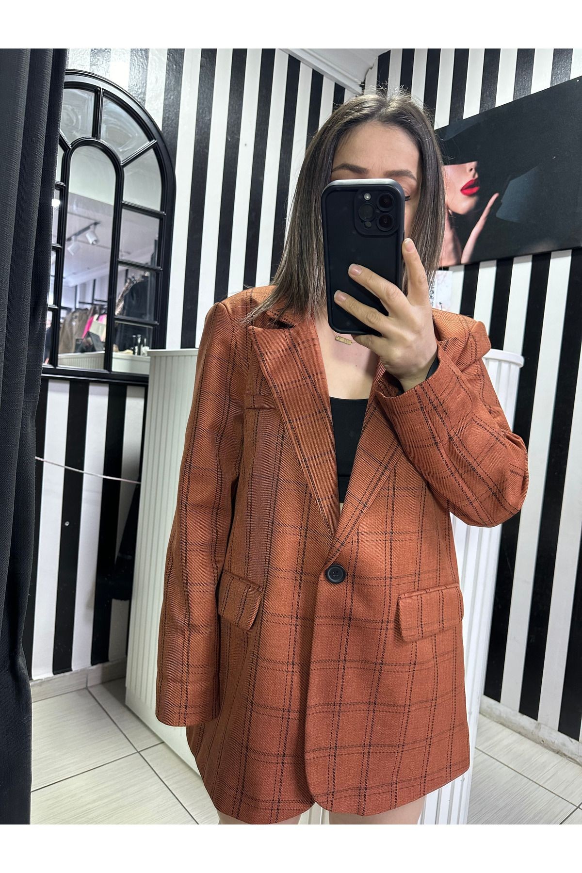 taba ceket, taba ekose tek düğme blazer ceket