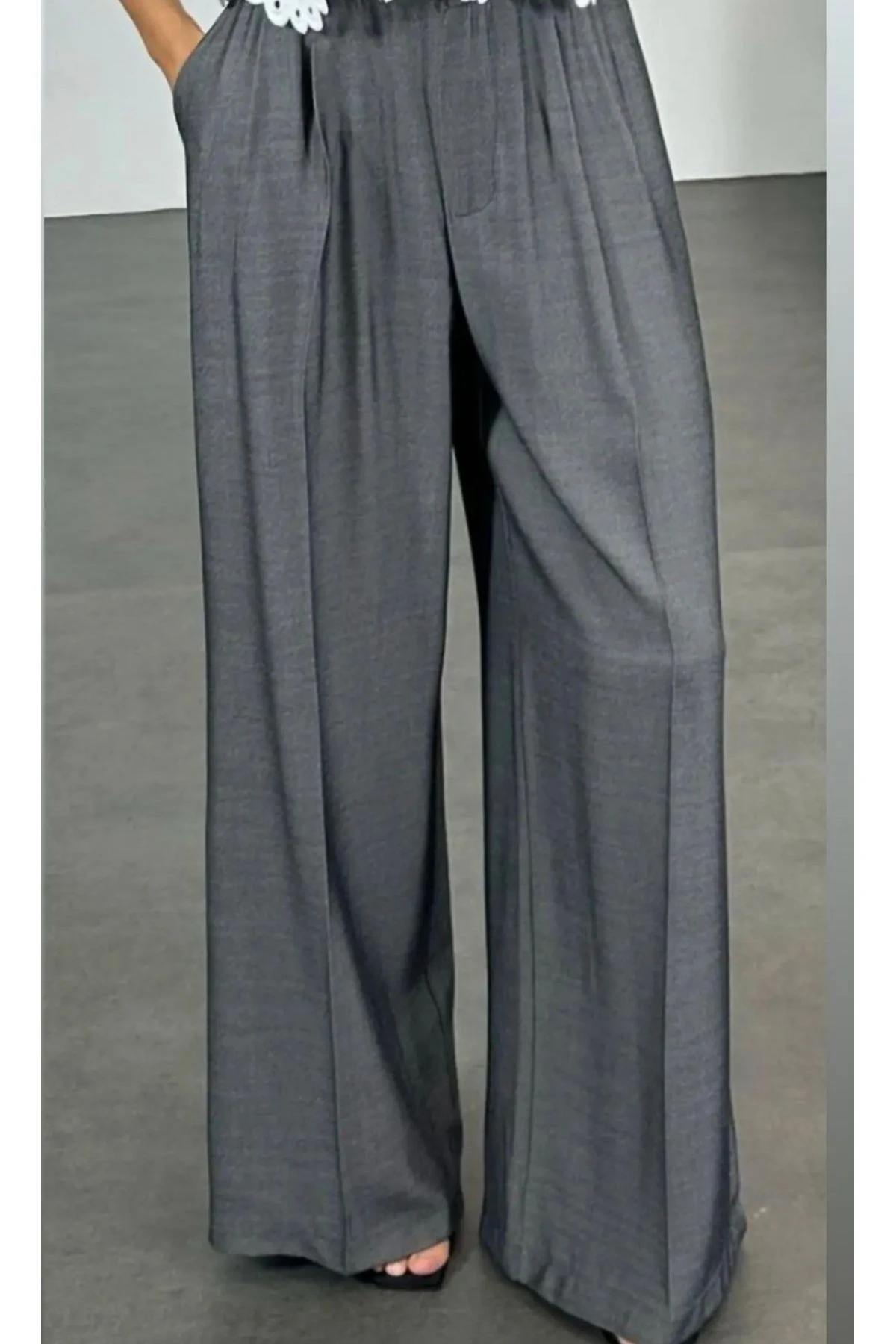 Gri Palazzo Düğmeli Fermuarlı Pantolon