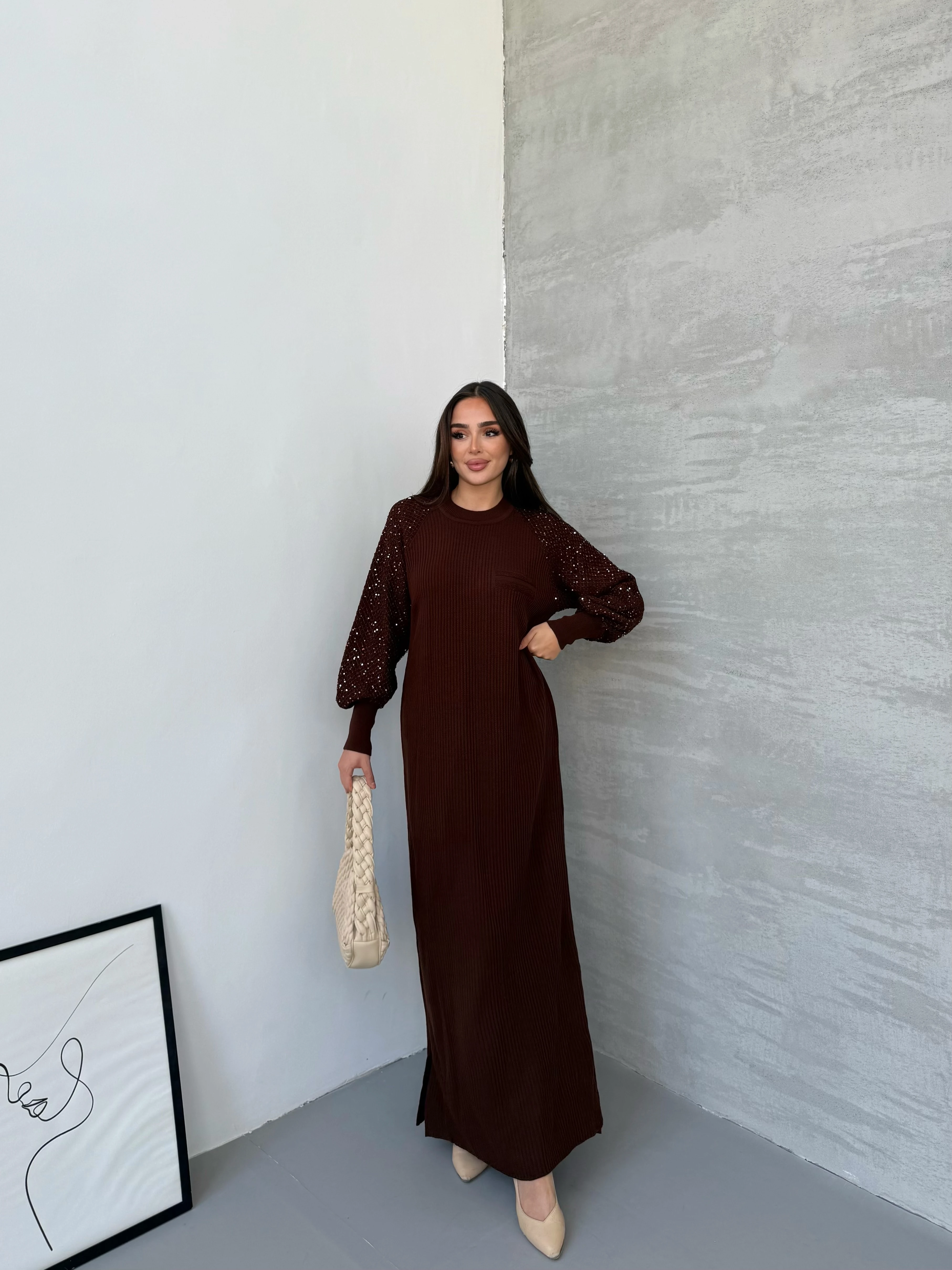 Pullu Kol Bisiklet Yaka Elbise