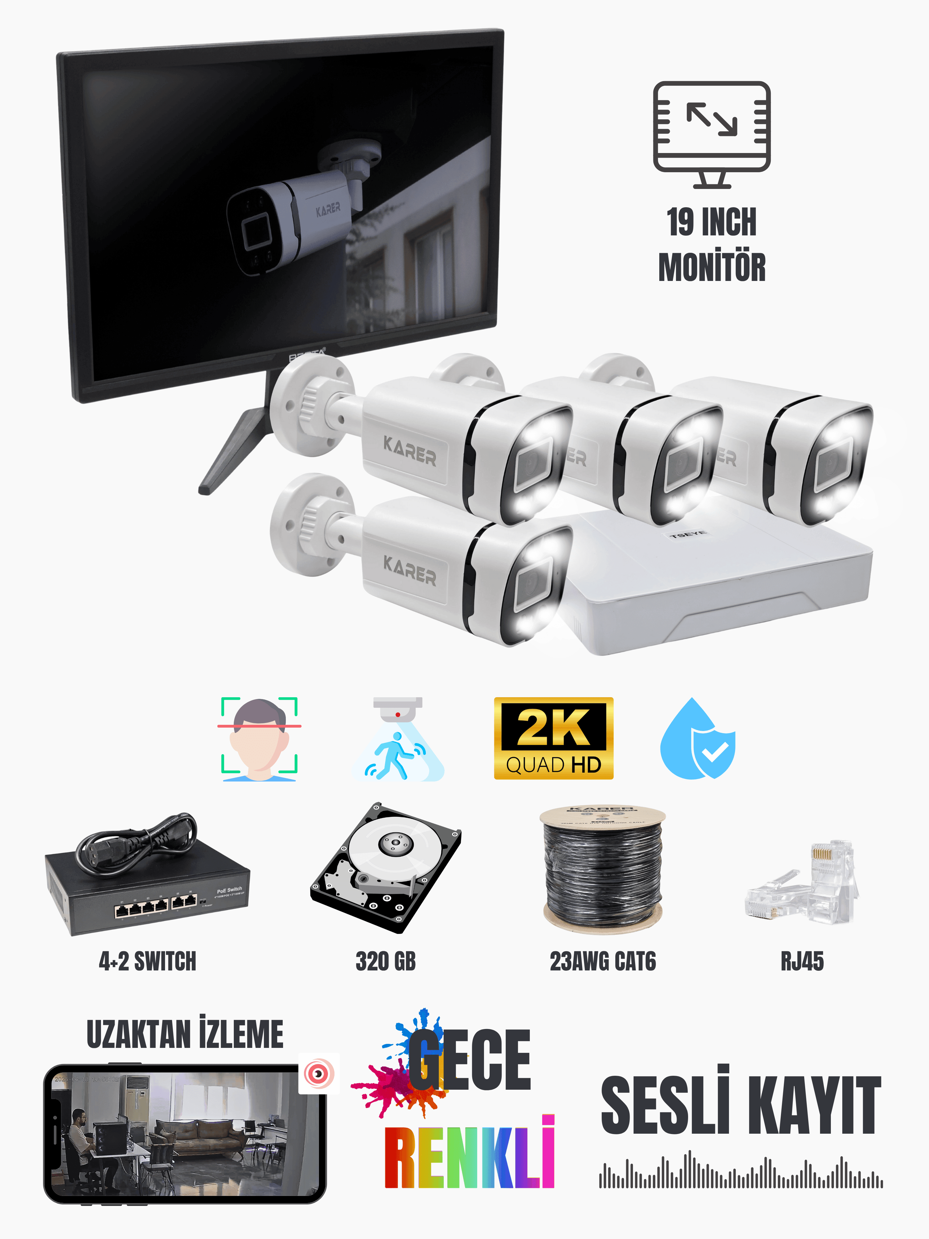 ExitCam Karer Premium 4’lü 2K IP Kamera Seti – 19" Monitörlü, Sesli, Gece Renkli, 320GB, PoE