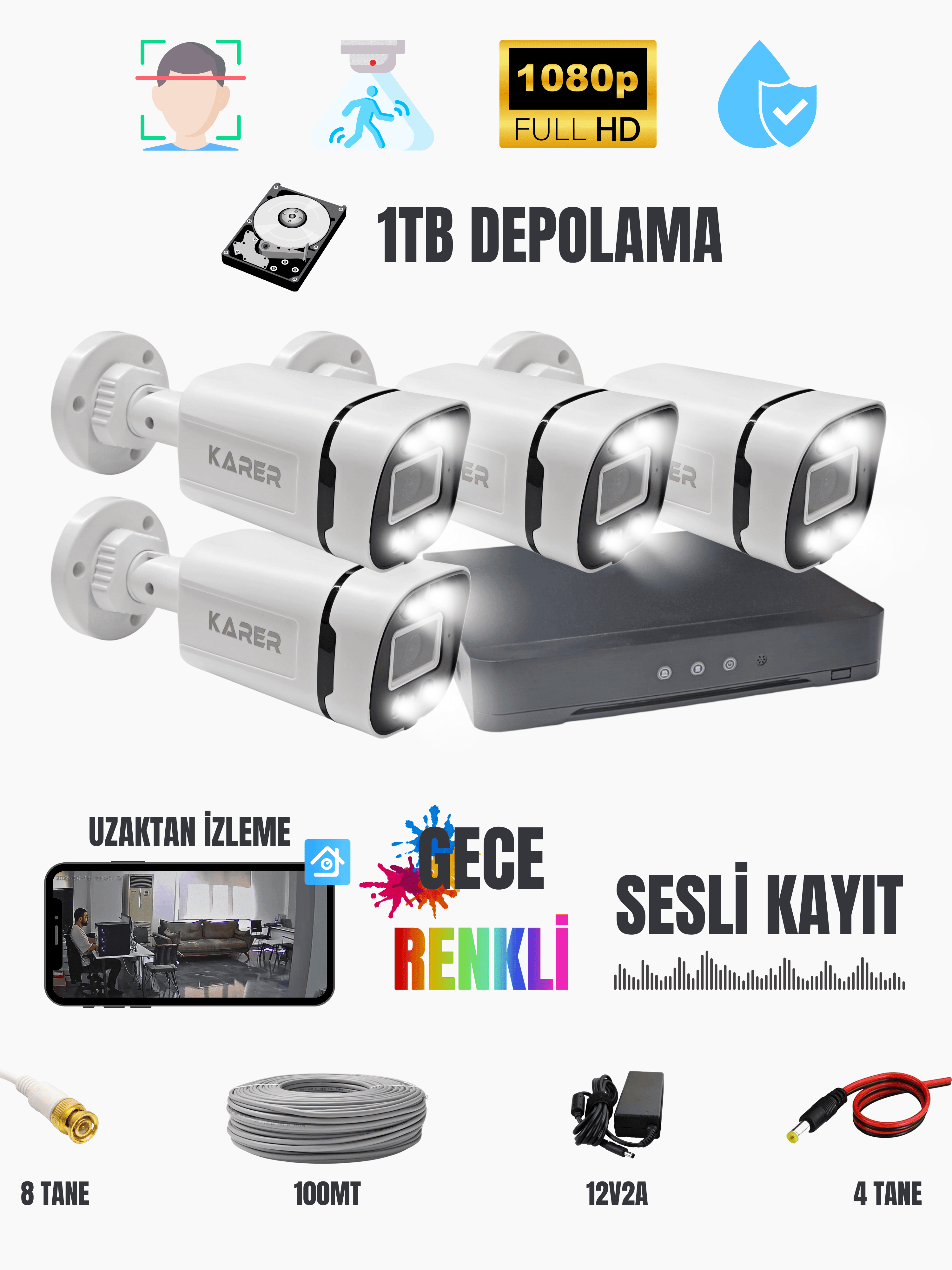 Karer 4'lü Ses Kayıtlı AHD Kamera Seti 1080p FullHD Gece Renkli + DVR + 1TB HDD + Kablo