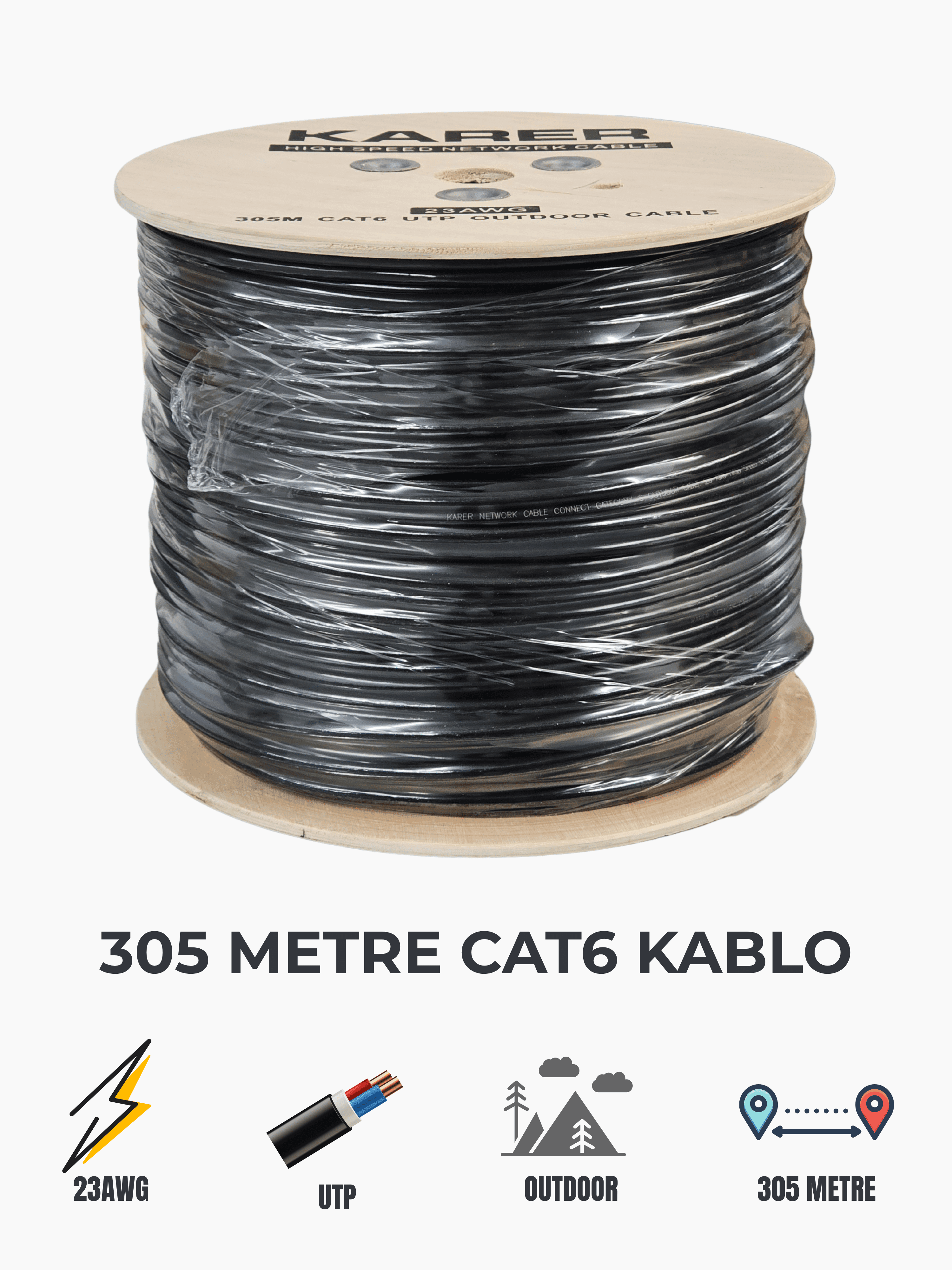 Karer 305 Metre CAT6 Outdoor Kablo – 23AWG UTP, Dış Ortam, Yüksek Hız ve Dayanıklılık