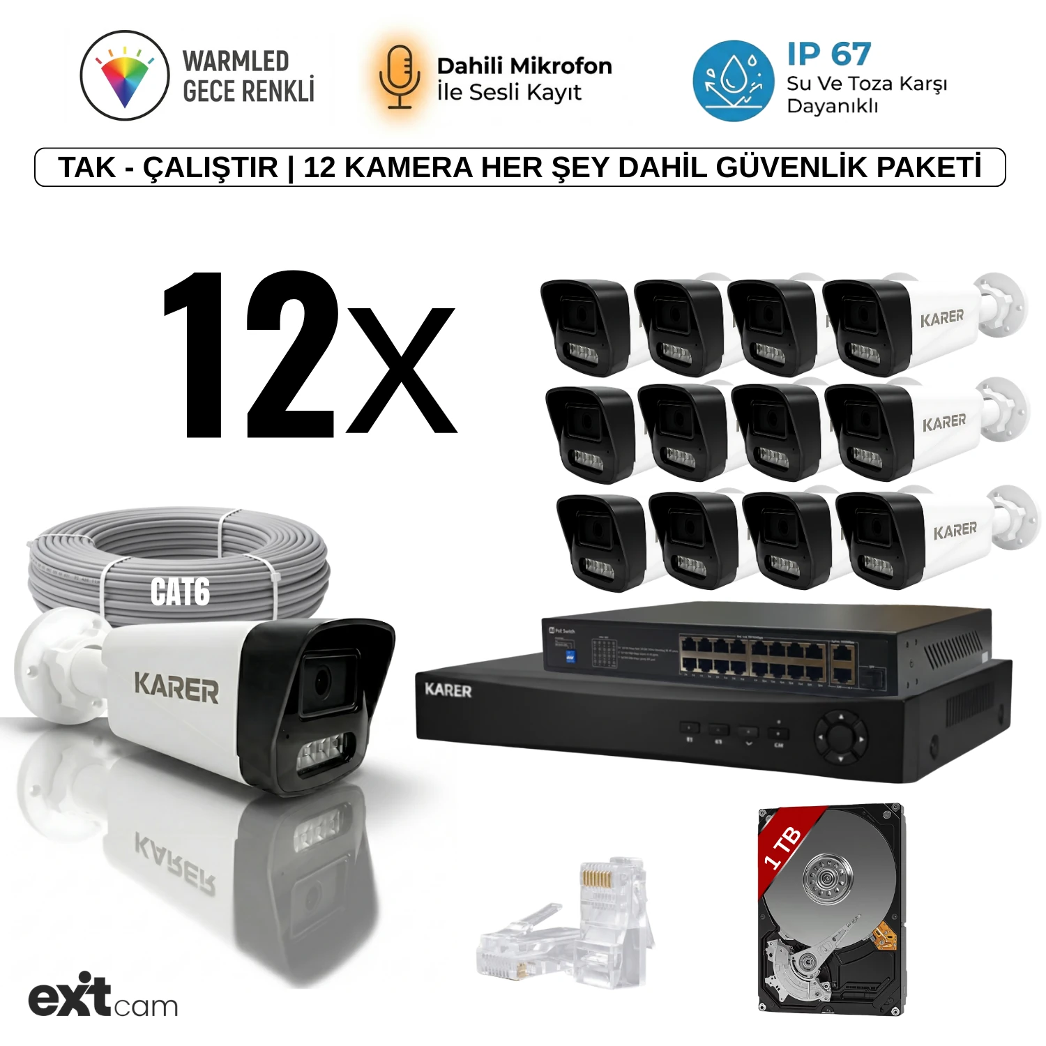 EXİTCAM 12'li IP-1TB-SESLİ -GECE RENKLİ- SU GEÇİRMEZ- FULL HD