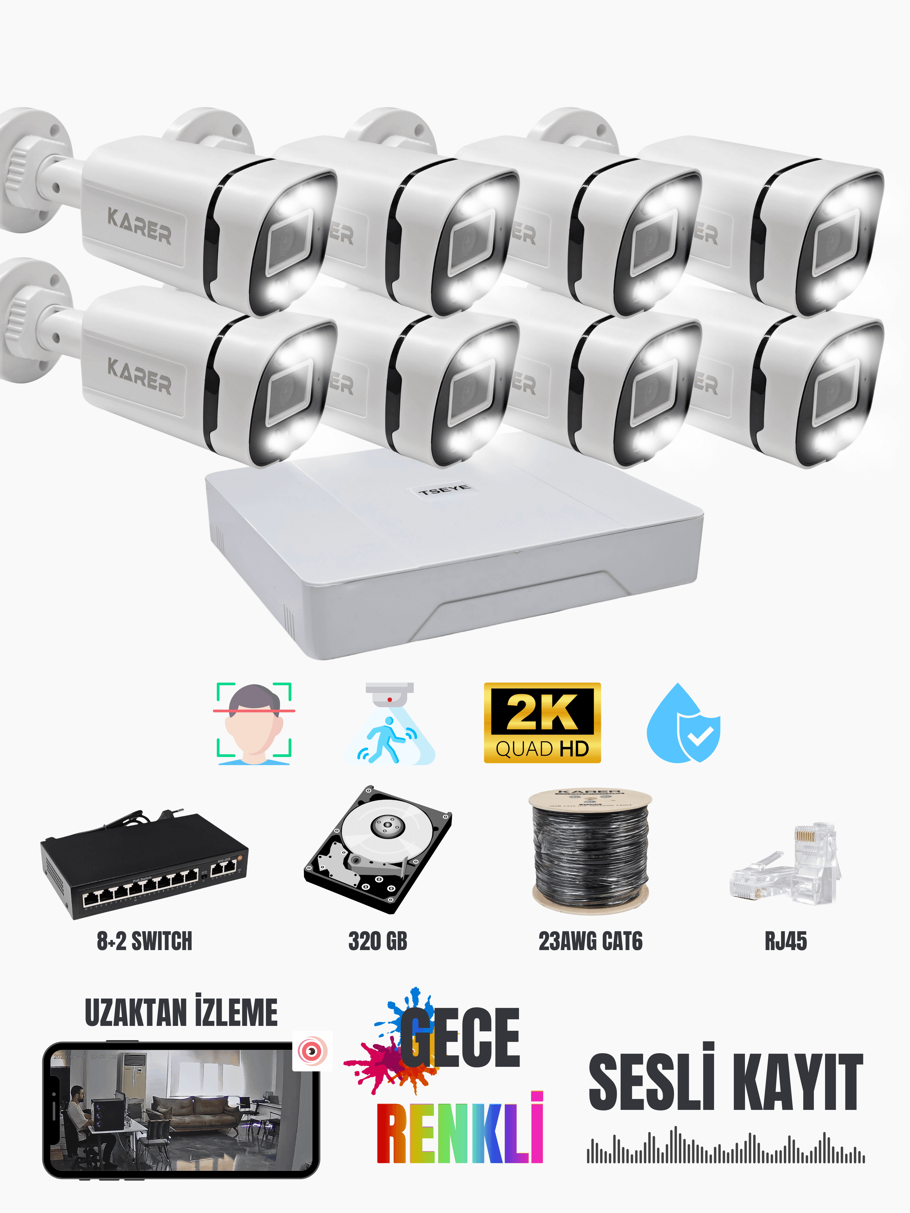 ExitCam 8'li IP Kamera Seti 5MP 2K+ Sesli + Gece Renkli + 320GB HDD + Cat6 + PoE Switch + NVR