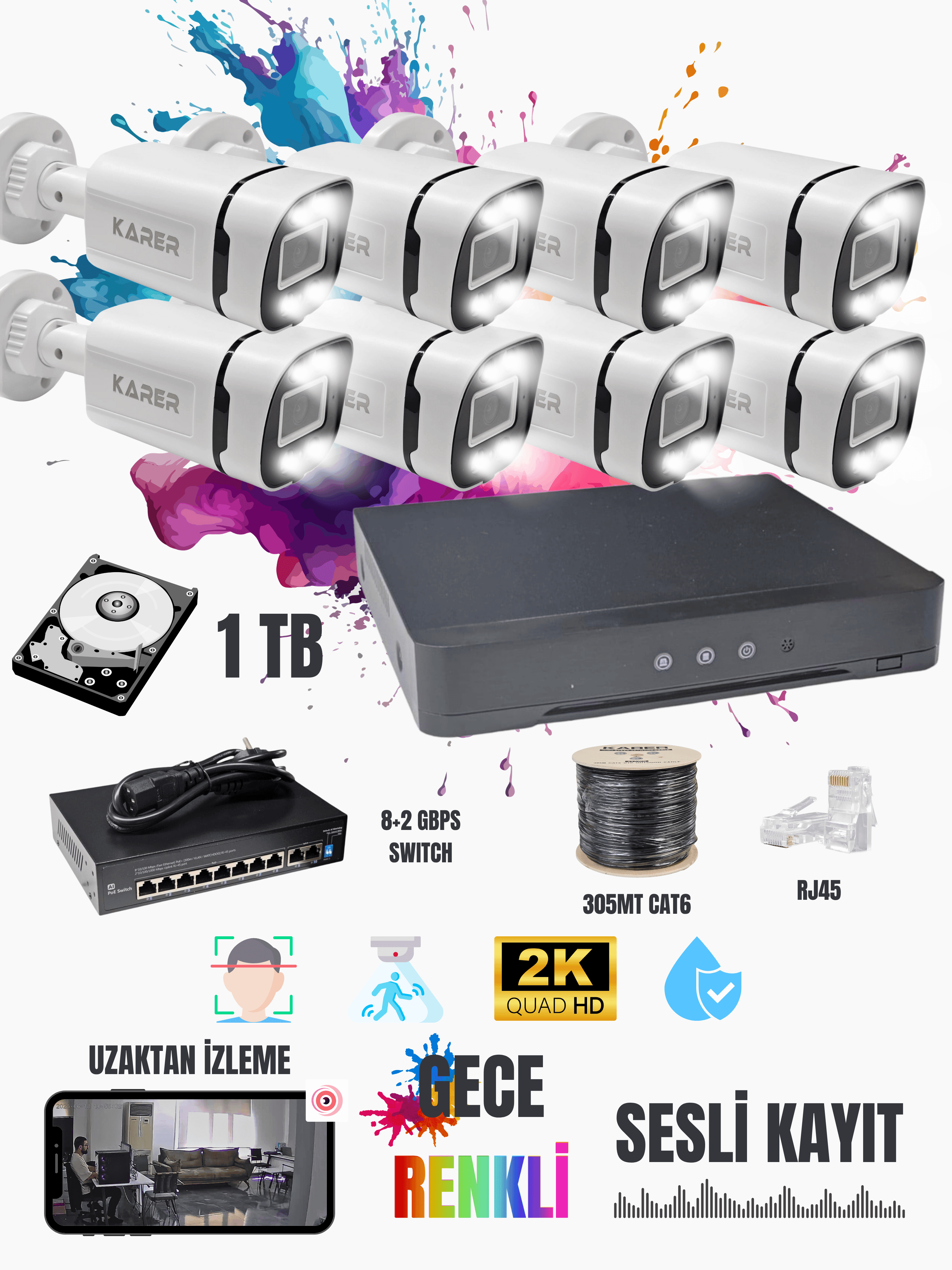 Karer Premium 8'li 5MP IP Güvenlik Kamerası Seti | 1TB, Uzaktan İzleme, Yüz Tanıma, Gece Renkli, Sesli