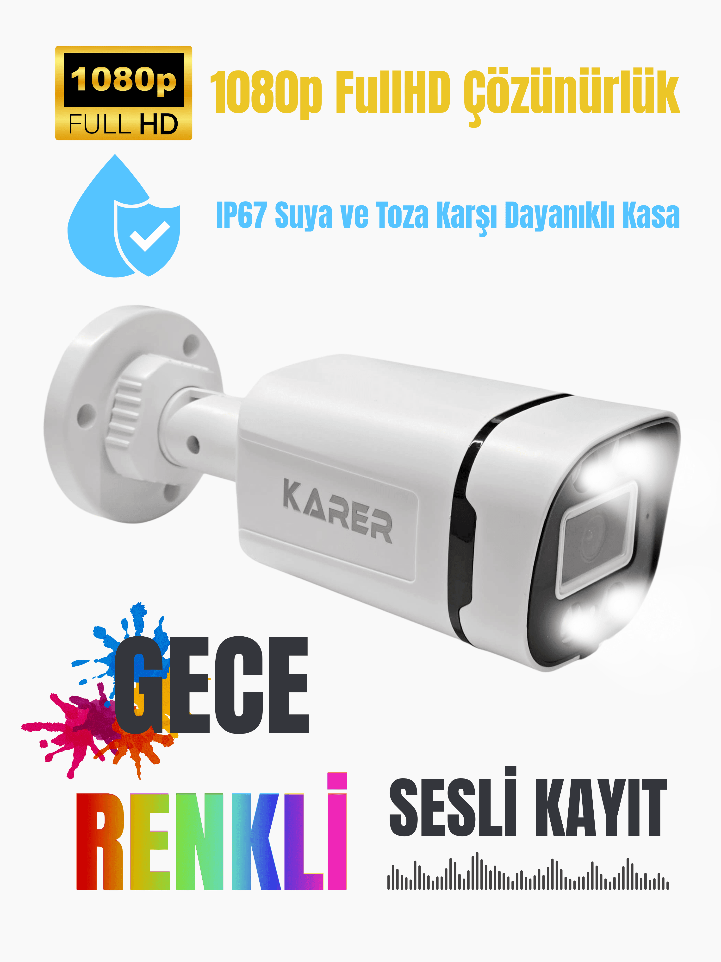Karer 4'lü Ses Kayıtlı AHD Kamera Seti 1080p FullHD Gece Renkli + DVR + 320GB HDD + Kablo