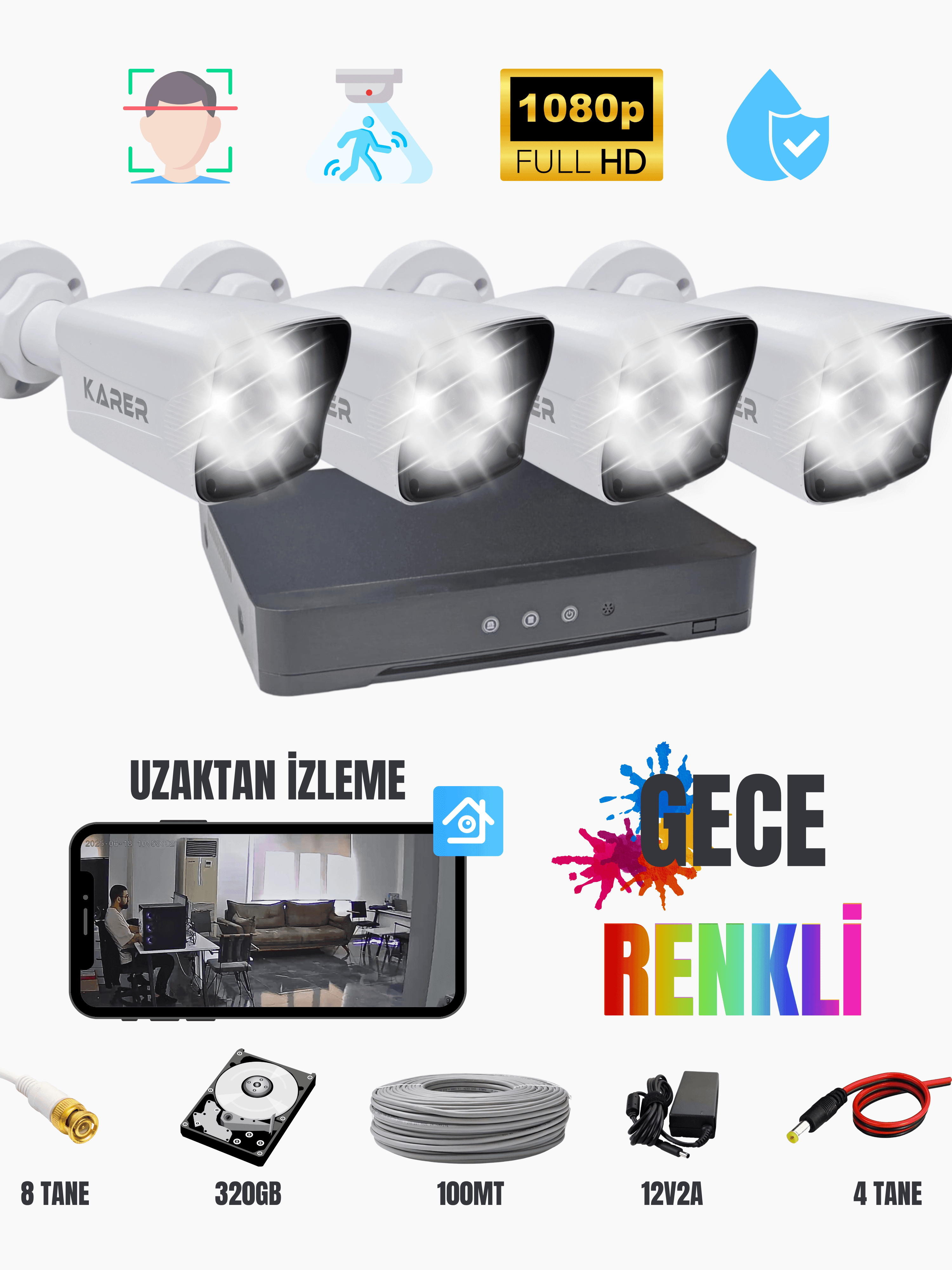 Karer 4'lü AHD Güvenlik Kamerası Seti 1080p FullHD Gece Renkli IP67 + 4CH DVR + 100m CCTV Kablo + 320GB HDD