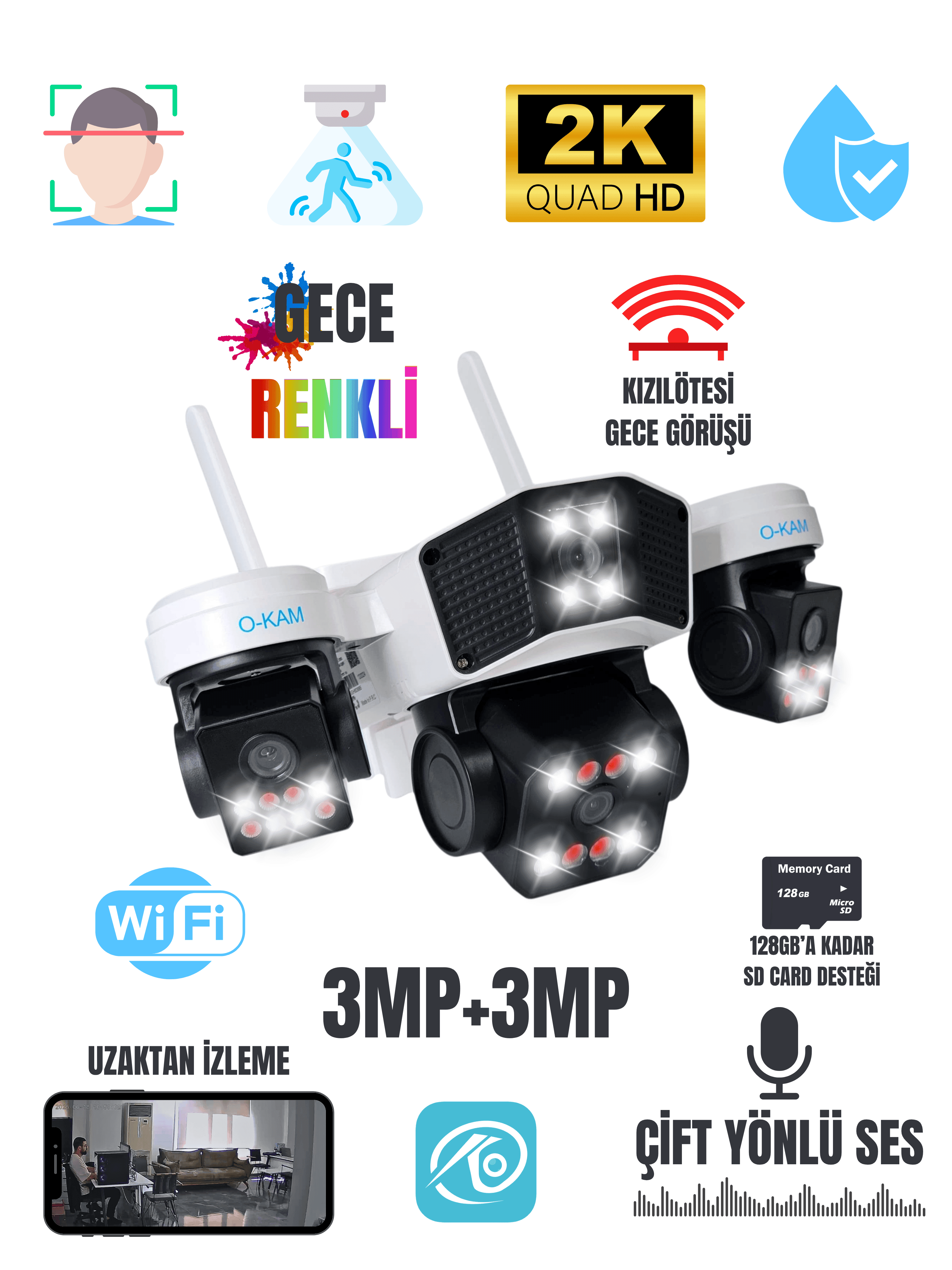 O-KAM 3+3MP Projektörlü Dual Lens WiFi Kamera Sirenli Gece Renkli 355° Çift Ses SD