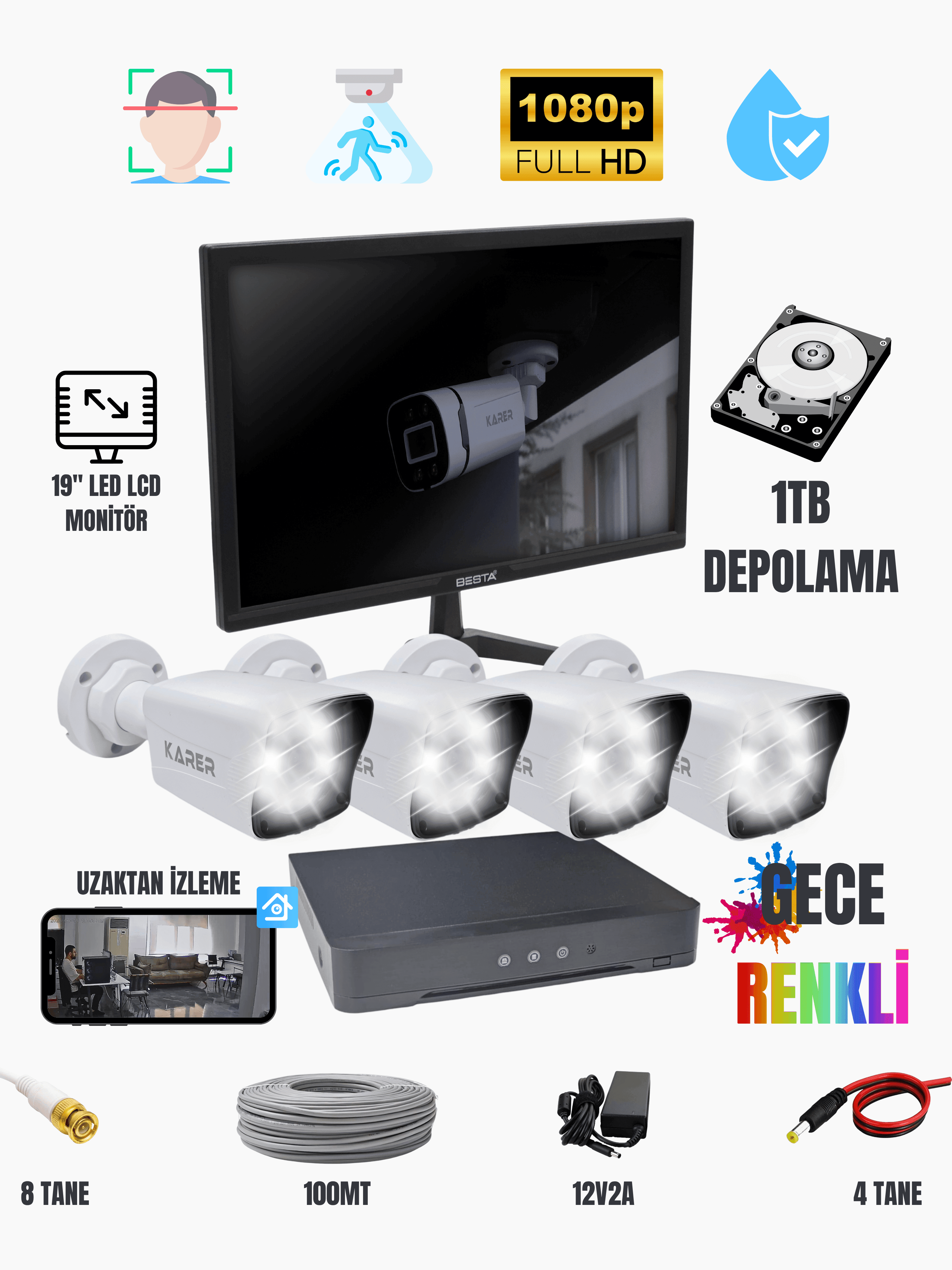 Karer 4'lü Monitörlü Güvenlik Kamerası Seti – ExitCam 1080p FullHD + 1TB HDD + 19'' Besta LED LCD Monitör Dahil