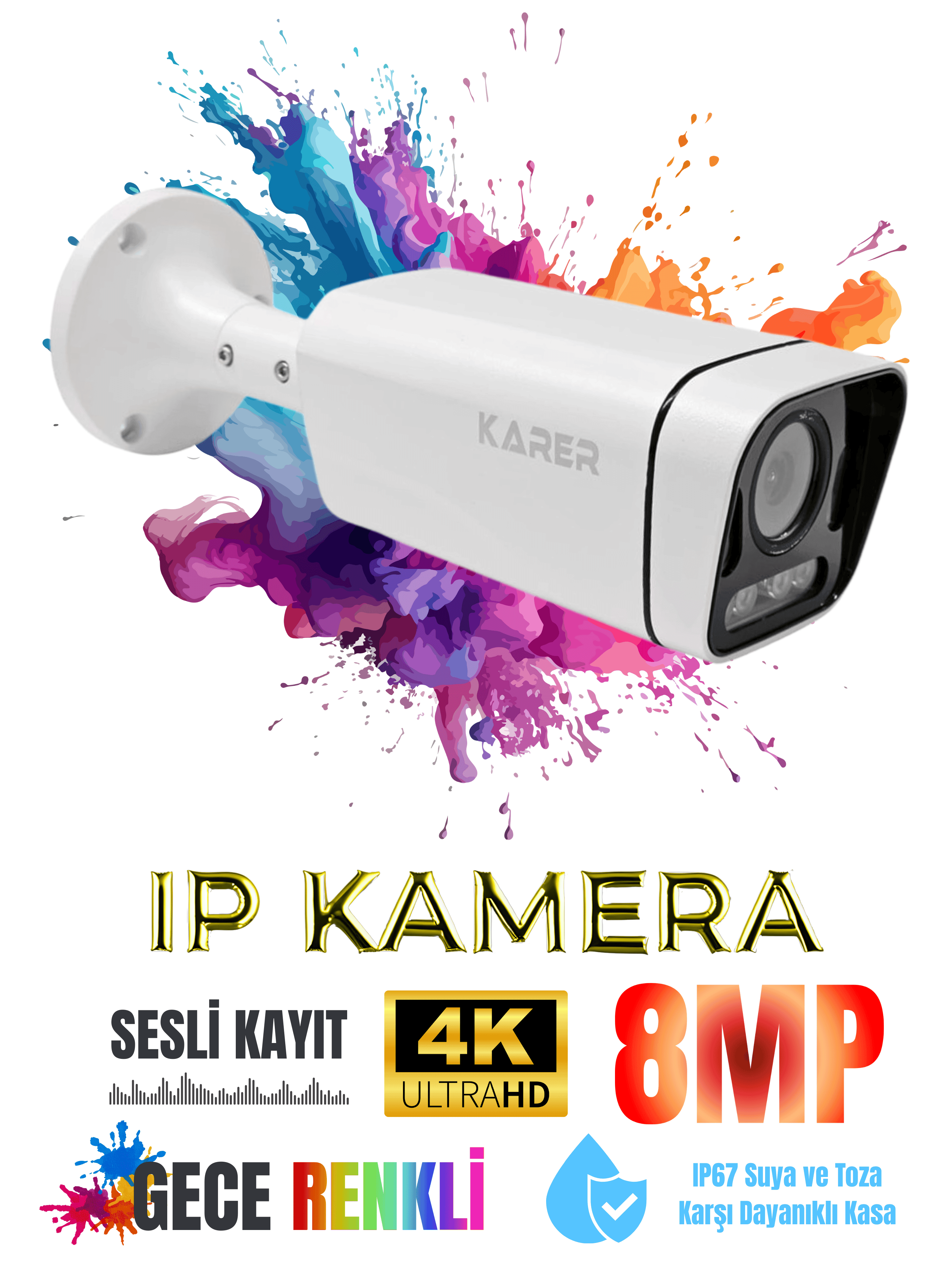 Karer Plus 8MP IP Güvenlik Kamerası | 4K UltraHD, Gece Renkli, Sesli Kayıt, Dış Mekan