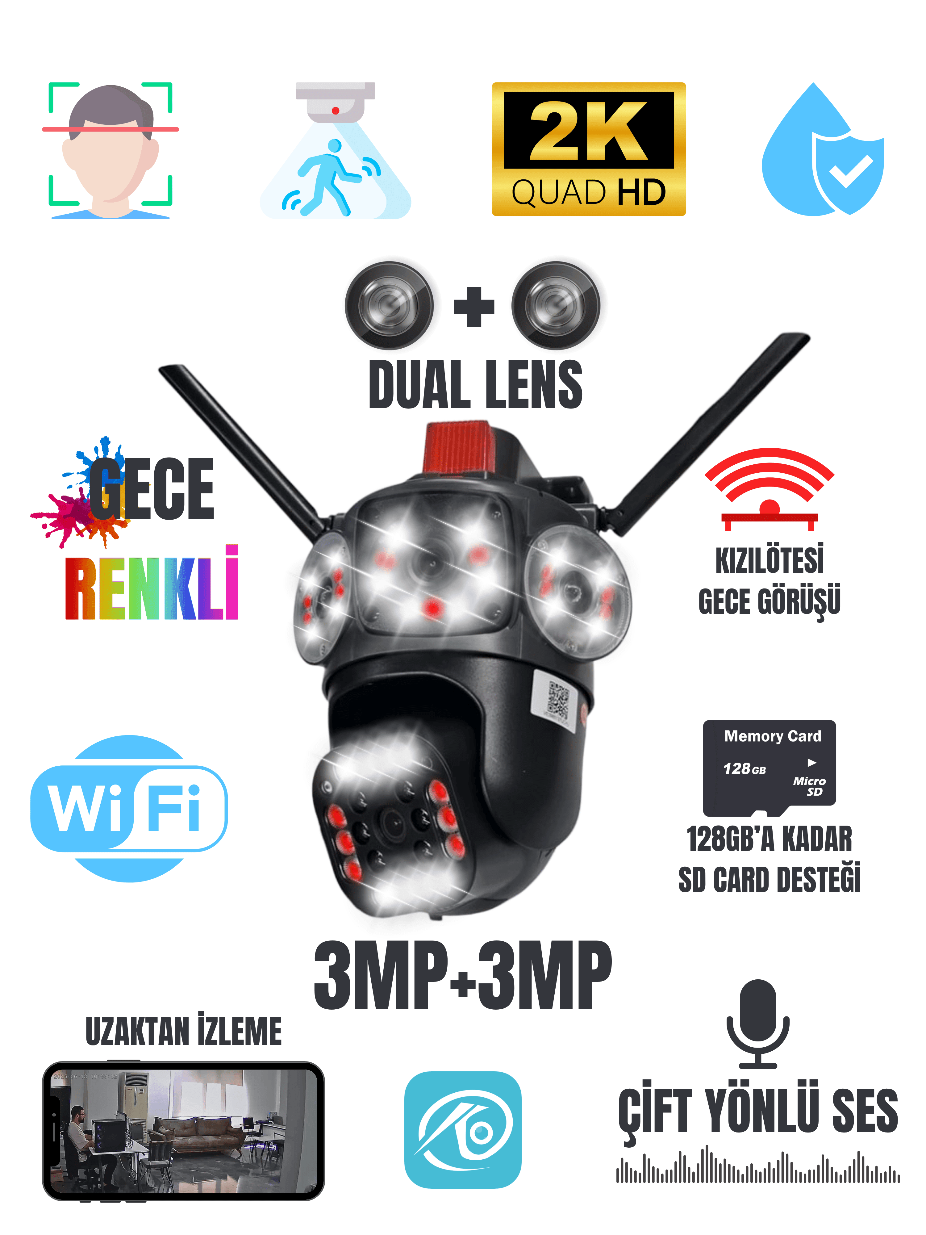 O-KAM Dual Lens 3+3MP WiFi Güvenlik Kamerası Sirenli Gece Renkli 355° Çift Ses SD