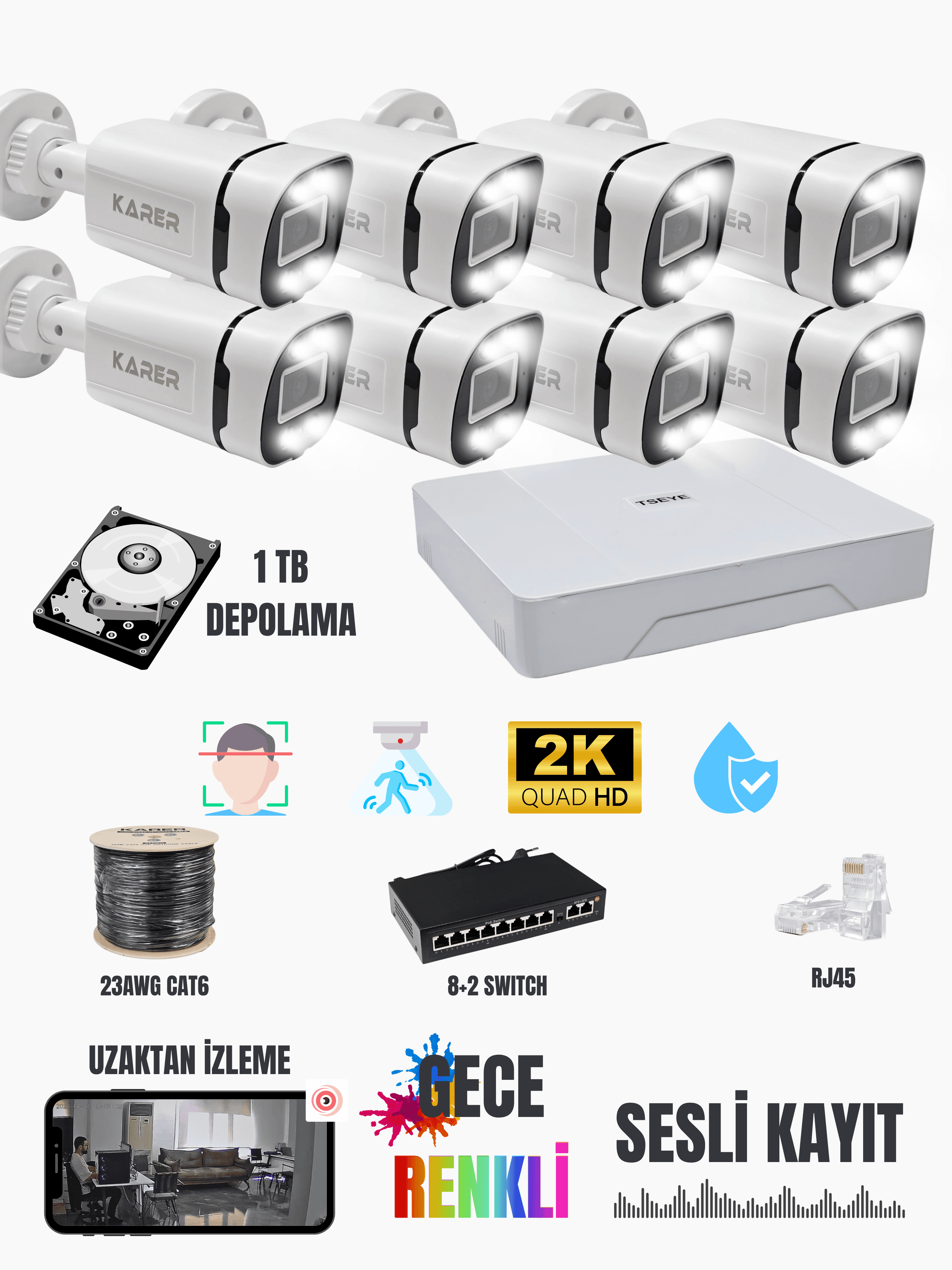 ExitCam 8'li IP Kamera Seti 5MP 1TB 2K+ Sesli + Gece Renkli + 1TB HDD + Cat6 + PoE Switch + NVR