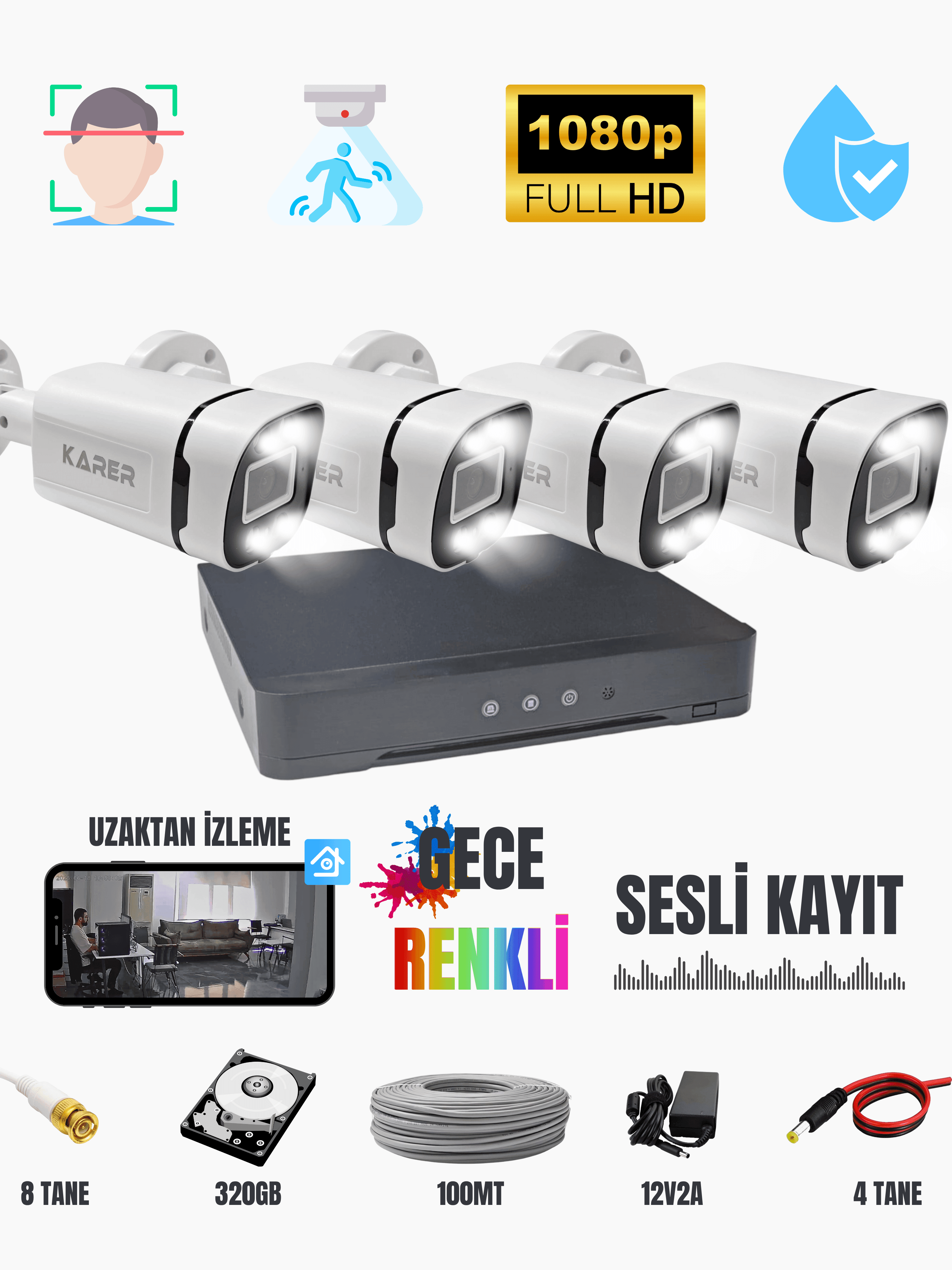 Karer 4'lü Ses Kayıtlı AHD Kamera Seti 1080p FullHD Gece Renkli + DVR + 320GB HDD + Kablo