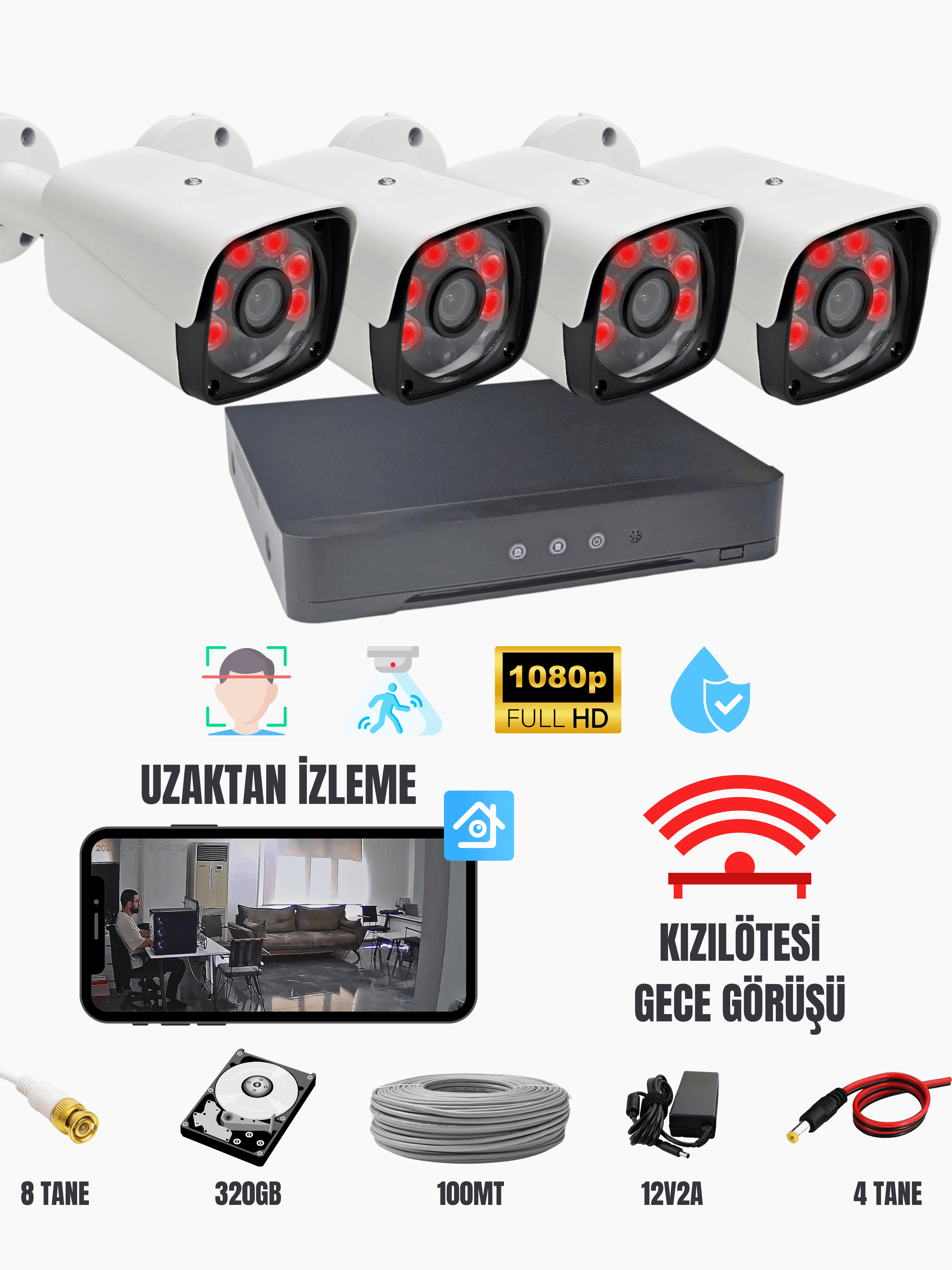 Karer 4'lü AHD Kamera Seti 1080p FullHD Gece Renkli IP67 + 4CH DVR + 100m Kablo + HDD