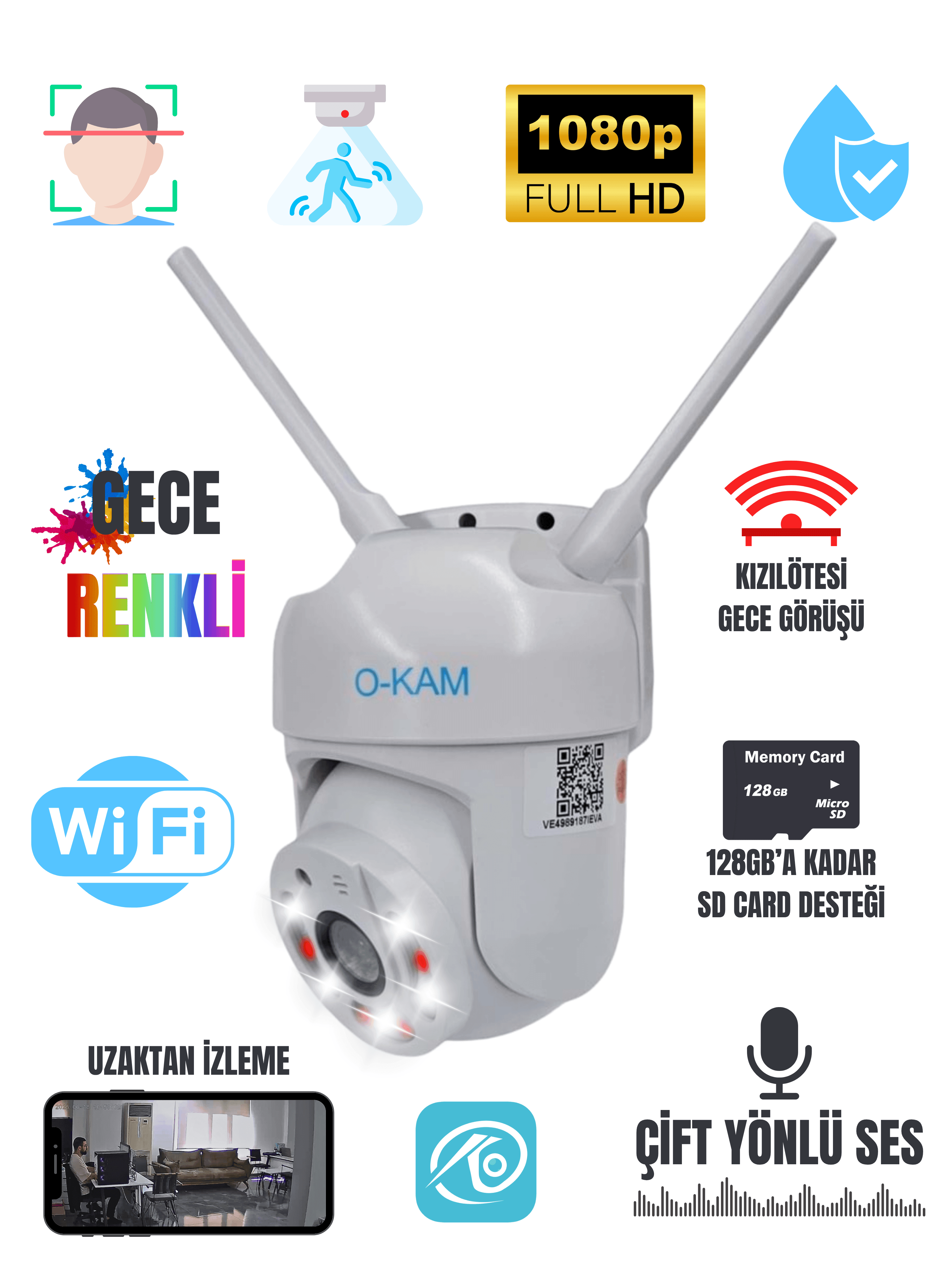 O-KAM 3MP WiFi Güvenlik Kamerası Gece Renkli 355° Döner Çift Yön Ses SD Destekli