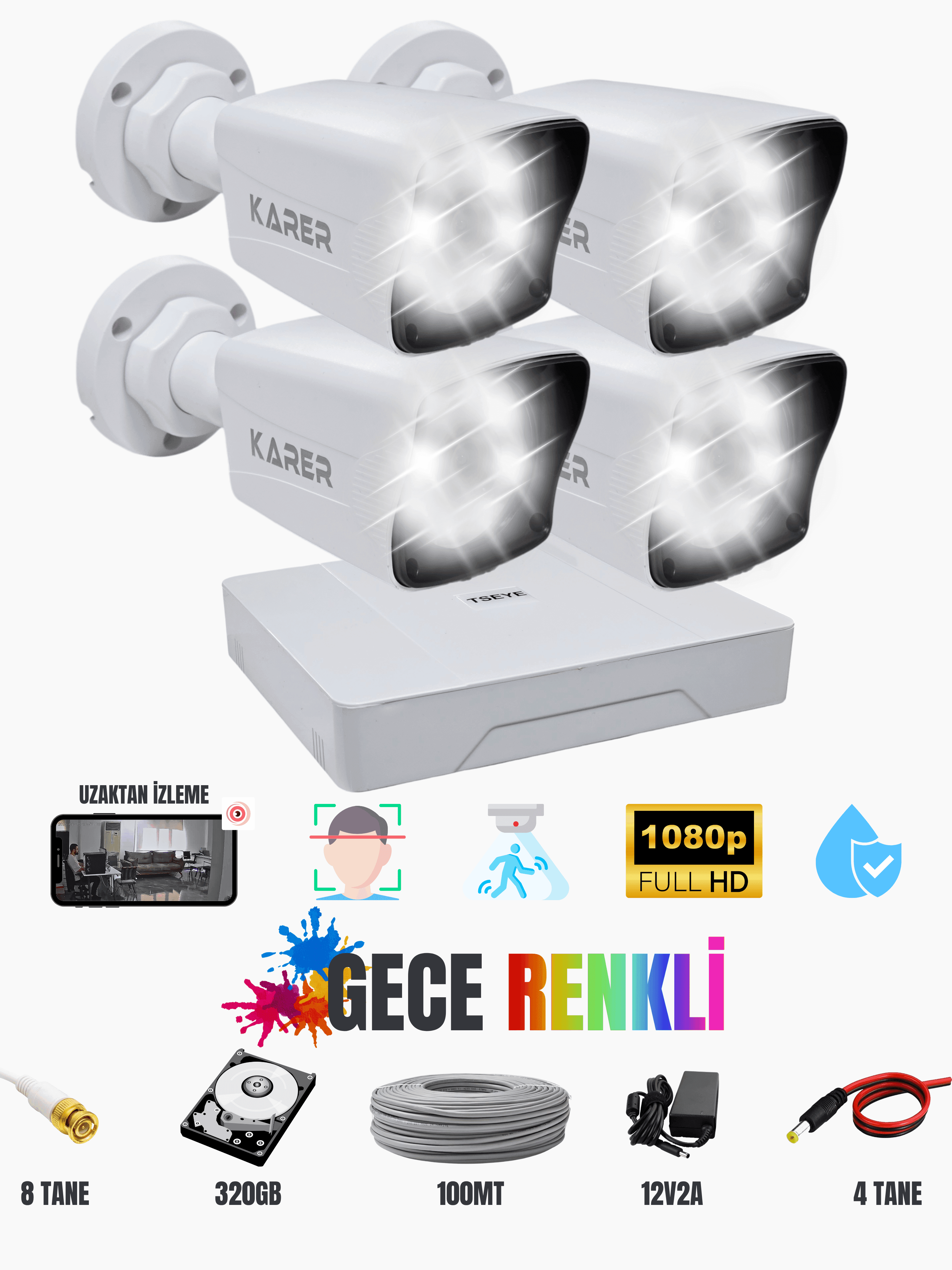 Karer 4'lü Kamera Seti 1080p Renkli Gece Görüşlü + 320GB HDD + TSEYE DVR
