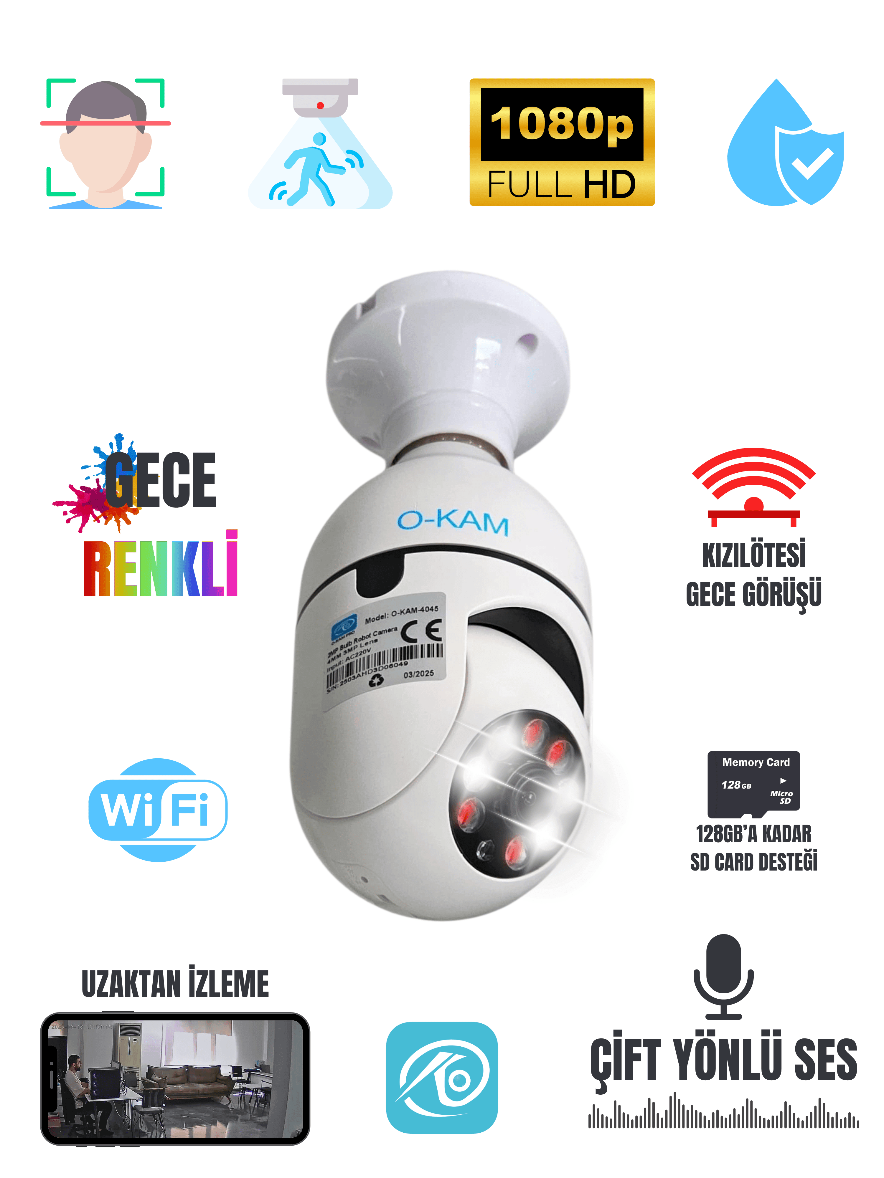  O-KAM 2MP WiFi Ampul Kamera Gece Renkli Döner Başlıklı Çift Ses SD Destekli Tak Çalıştır