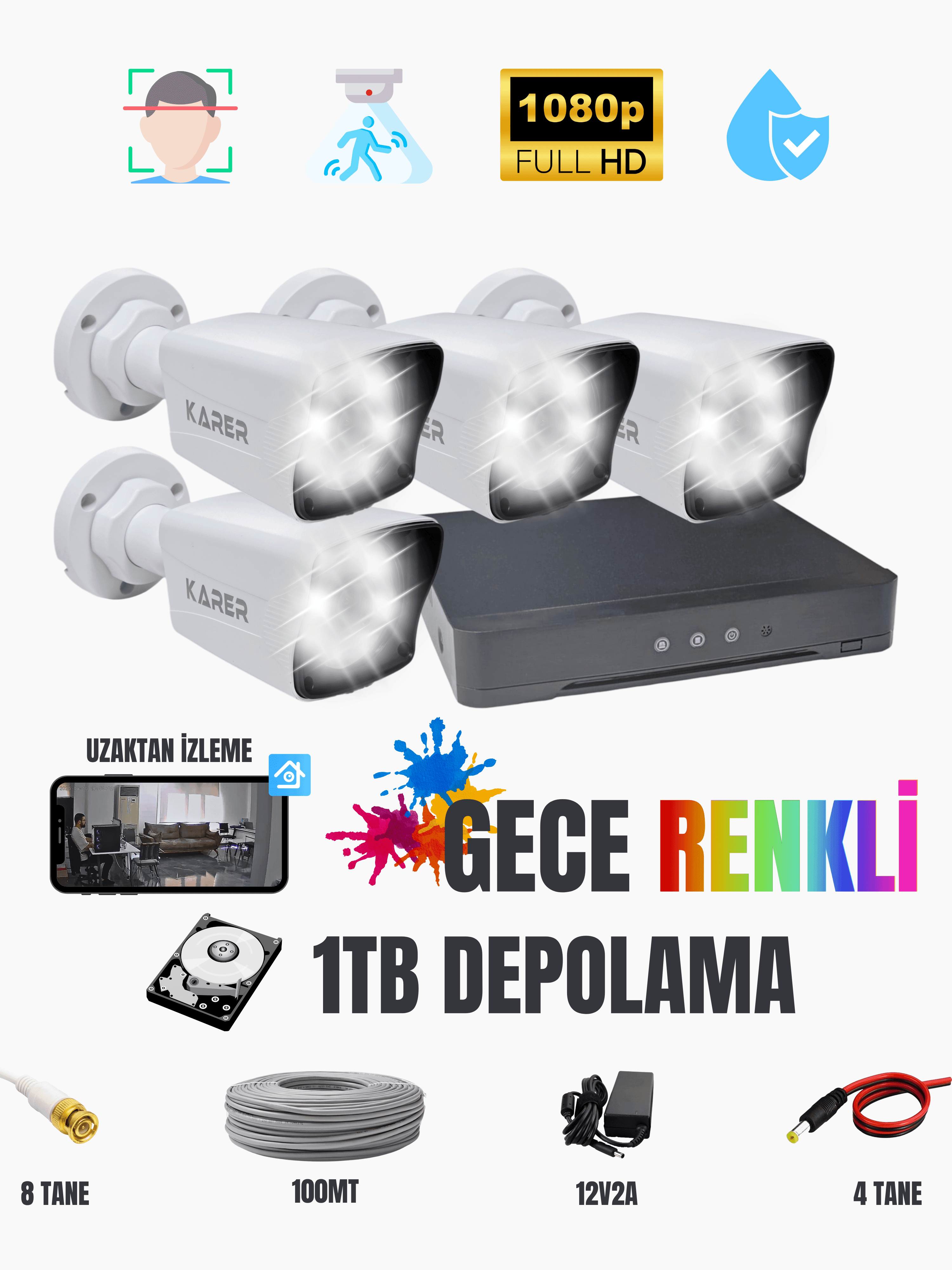 Karer 4'lü AHD Kamera Seti 1080p FullHD Gece Renkli IP67 + 4CH DVR + 1TB HDD + 100m Kablo