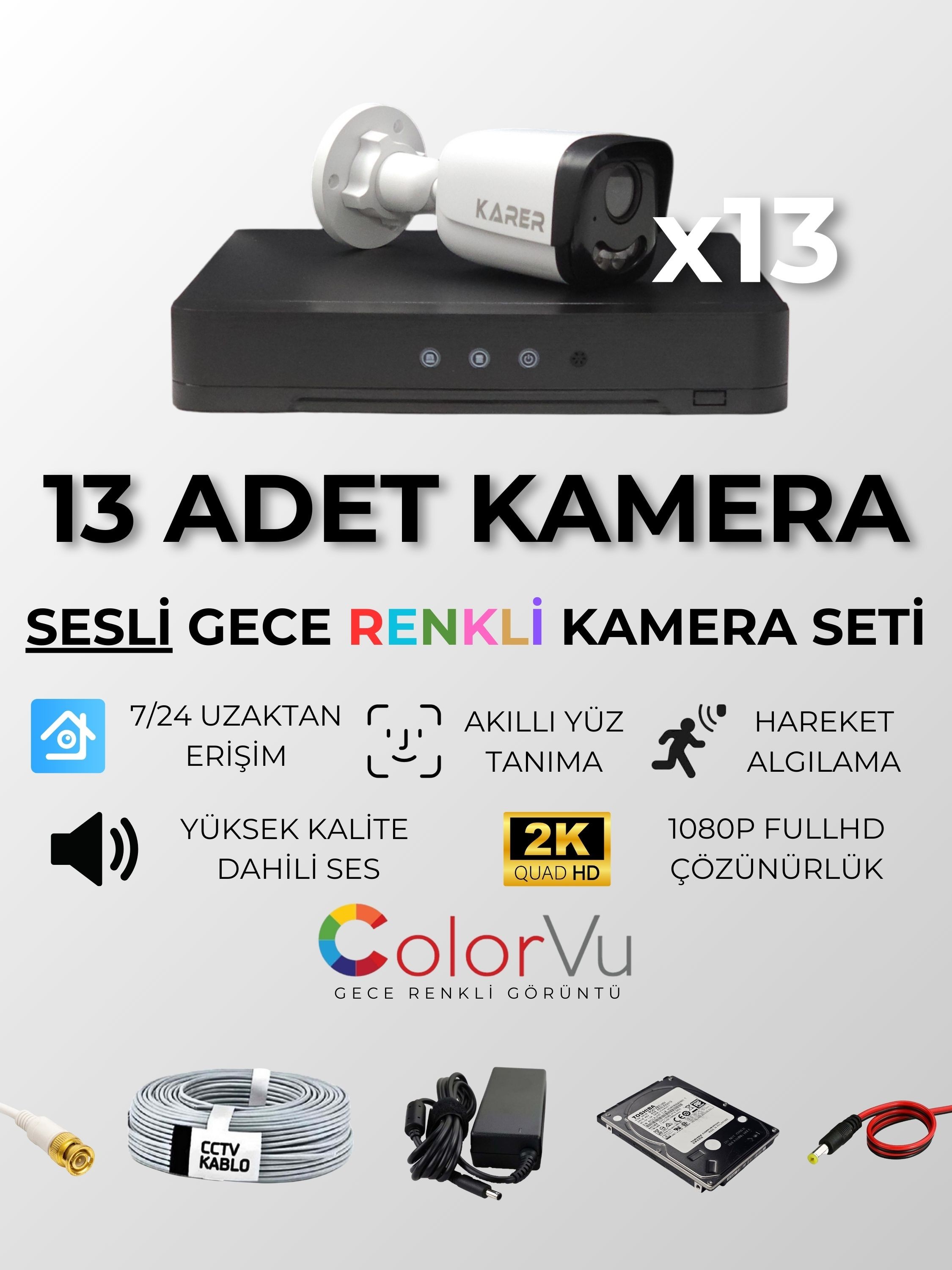 HER ŞEY DAHİL 5MP SESLİ TAK ÇALIŞTIR HAZIR SET - DAHİLİ SESLİ, 5MP QUADHD+ ÇÖZÜNÜRLÜK, GECE RENKLİ GÖRÜŞ, YÜZ TANIMA, HAREKET ALGILAMA - 13'LÜ SET