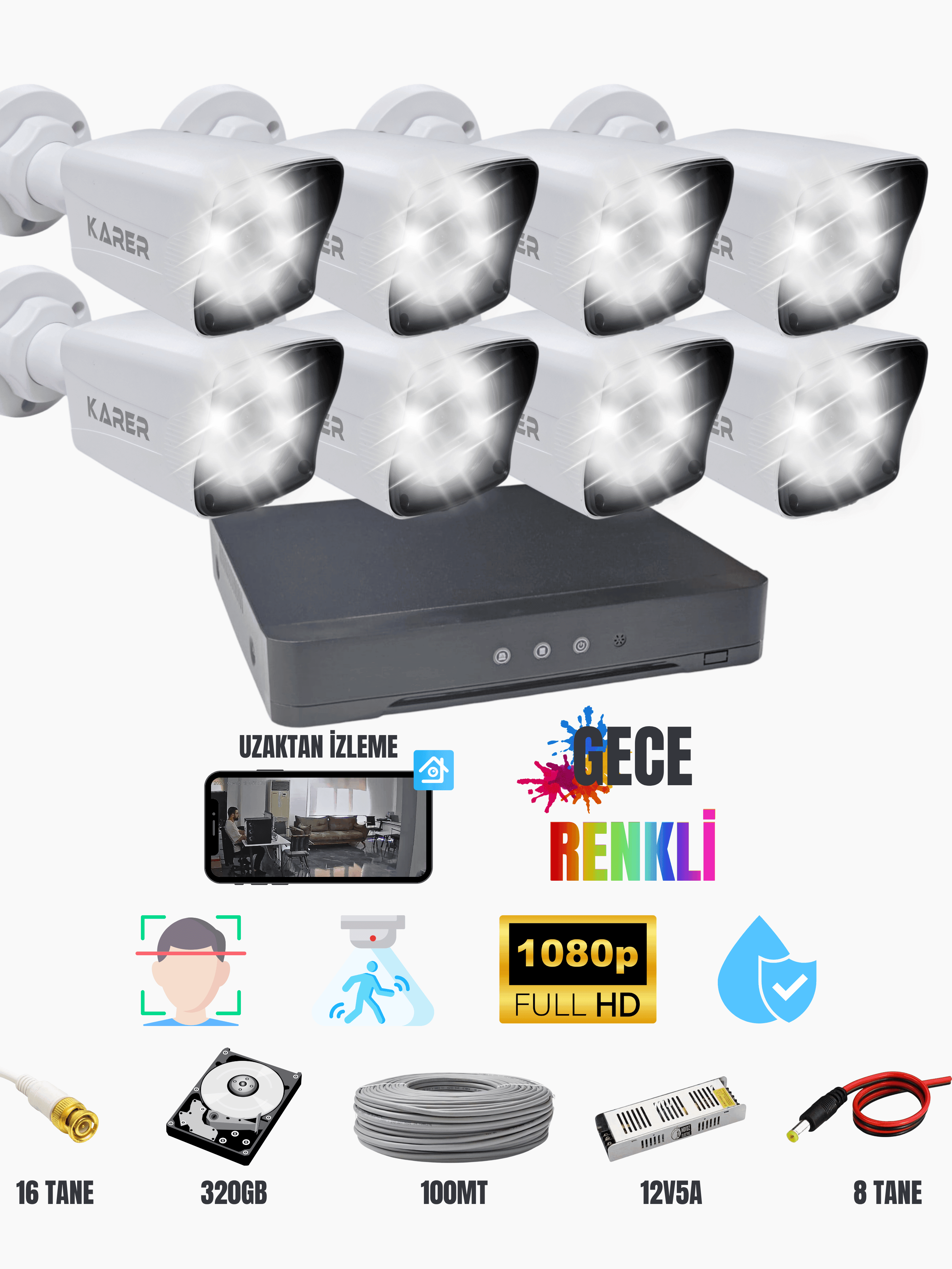 Karer 8 Kameralı 1080p FullHD Kamera Seti + 320GB HDD + Renkli Gece Görüşü