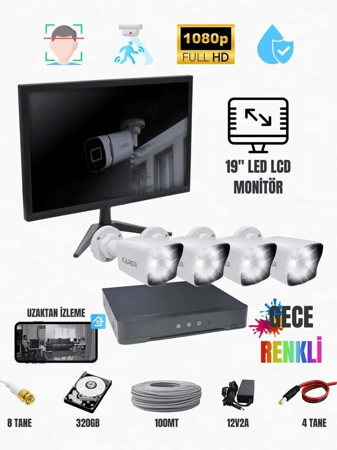 Karer 4'lü Monitörlü Güvenlik Kamerası Seti – ExitCam 1080p FullHD + 320GB HDD + 19'' Besta LED LCD Monitör Dahil