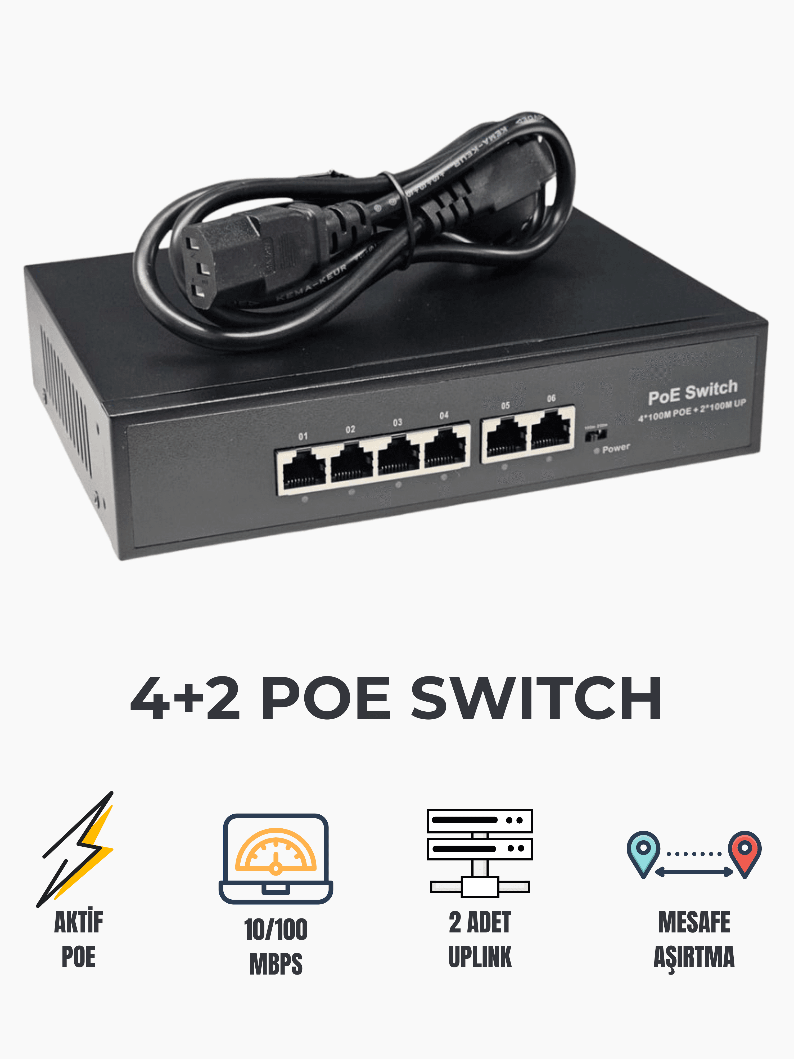 Karer 4+2 Port Aktif PoE Switch | IP Kamera Sistemleri için Güç ve Veri Çözümü