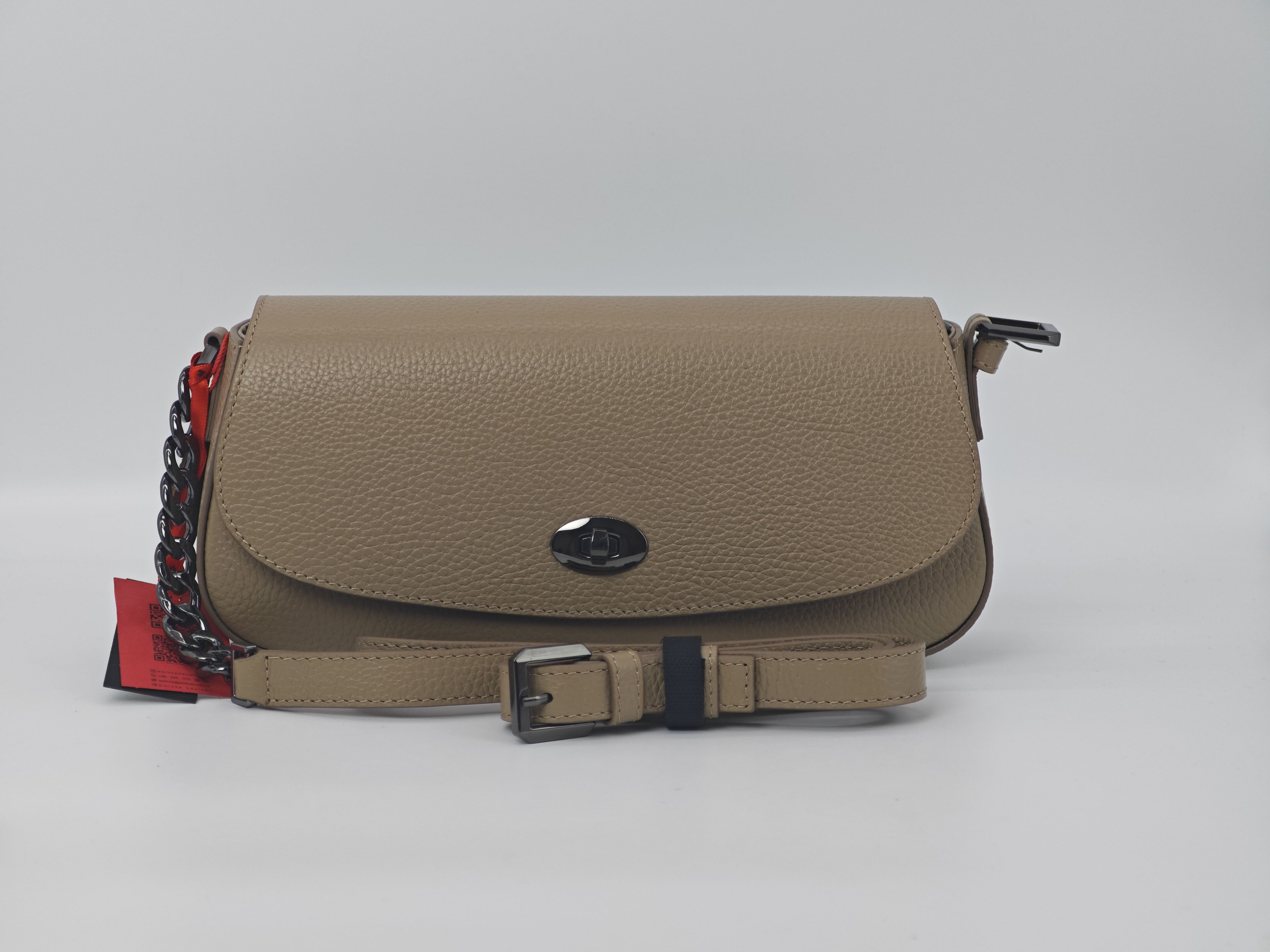 Bolso de Cuero Color Visón - Cuero Auténtico con Correa para el Hombro y Accesorio de Cadena, Cuero Auténtico 40438