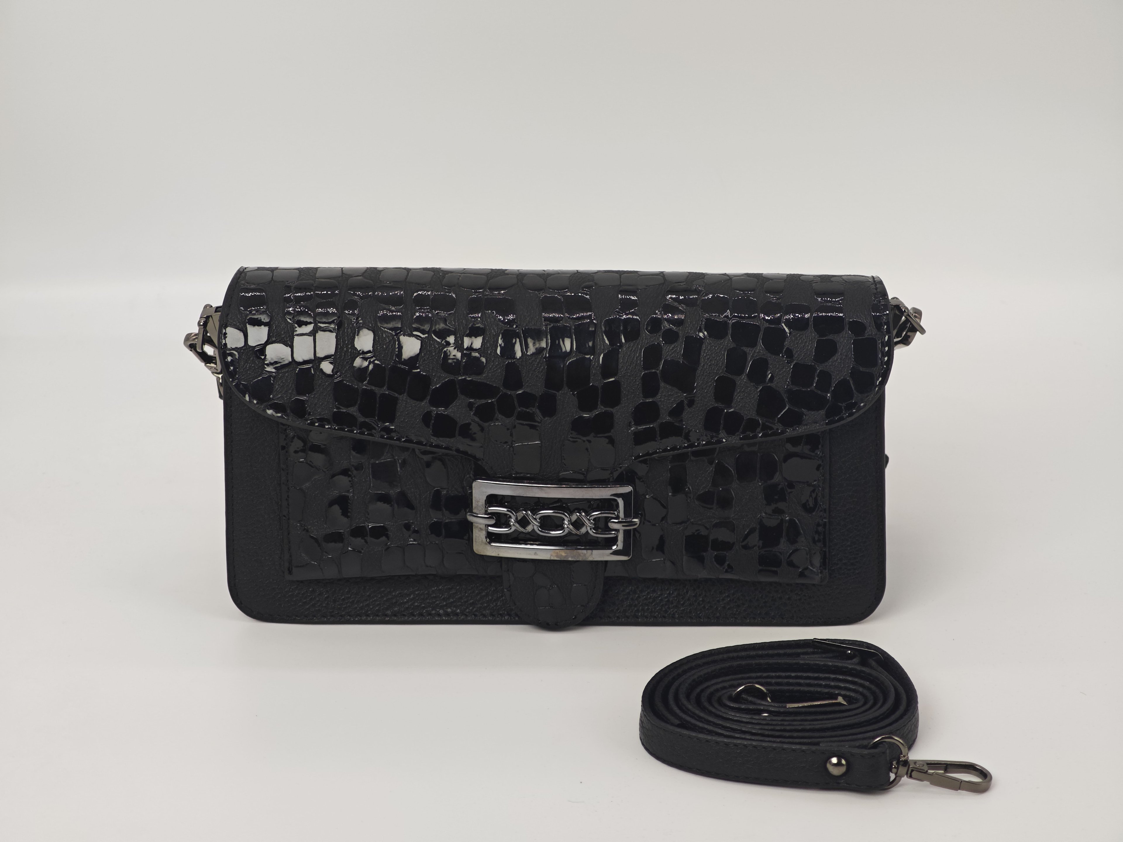 Navy Blue and Leopard Print Leather Bag – Shoulder Strap, Genuine Leather, Sporty Model 40301