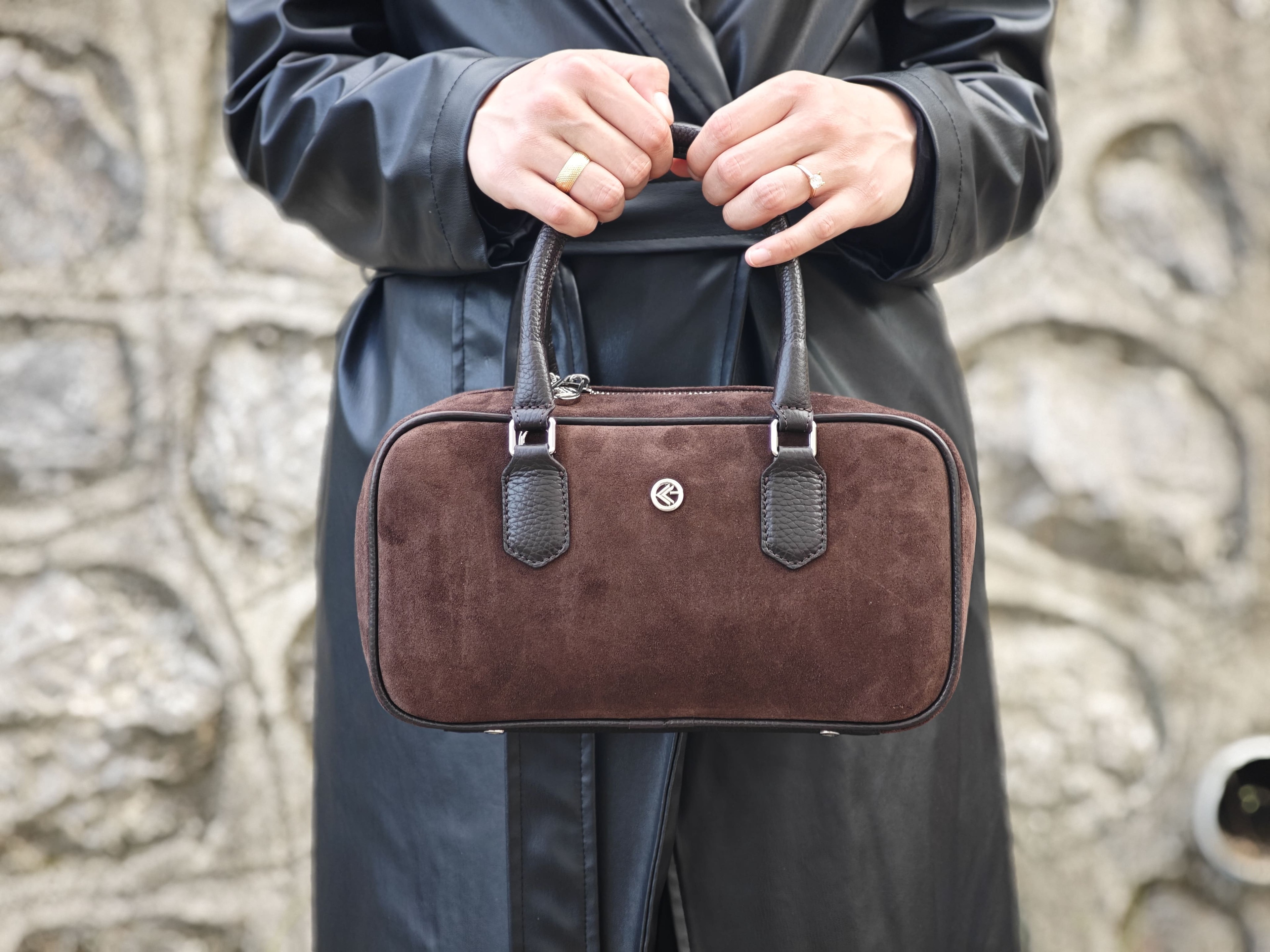 Brown Suede Hand and Shoulder Bag – Genuine Leather, Shoulder Strap, Model 40445