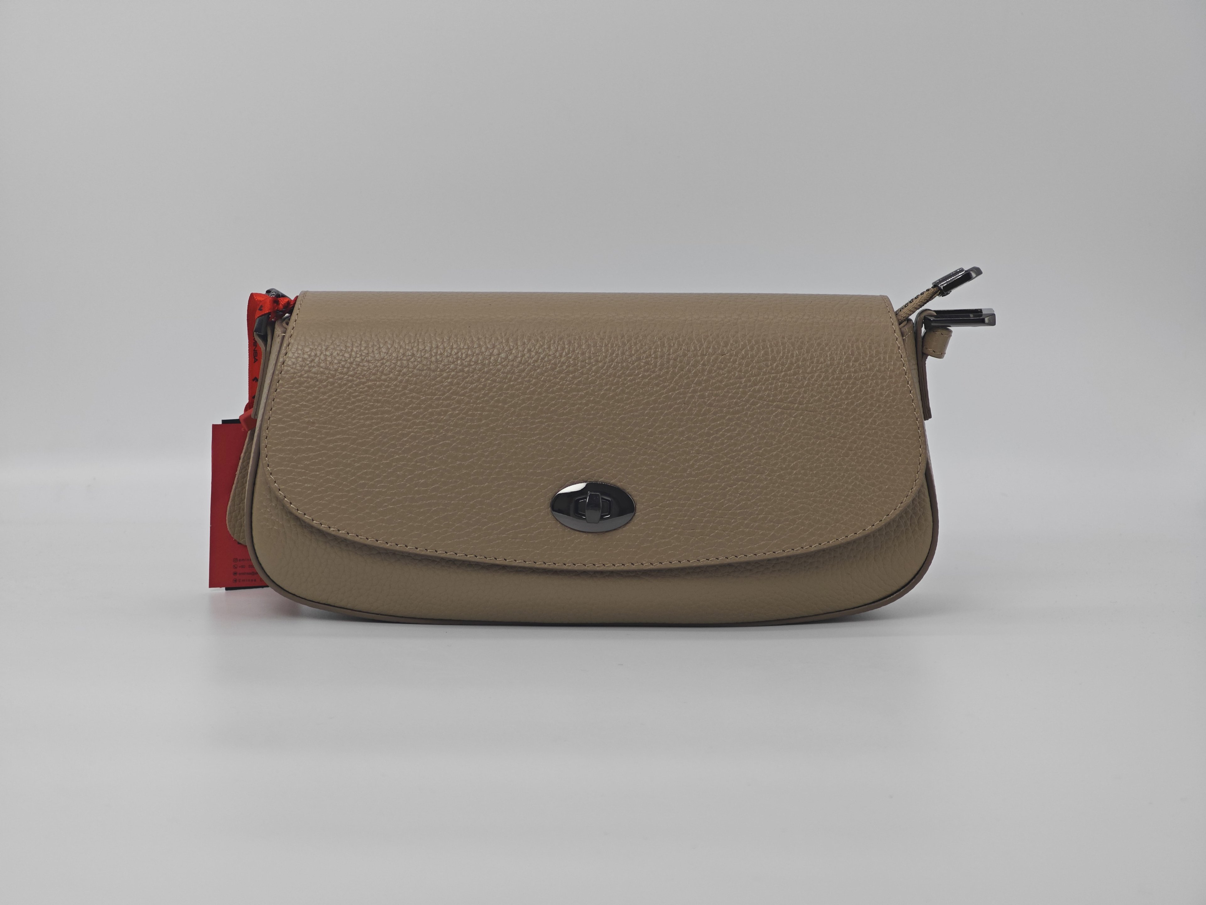 Bolso de Cuero Color Visón - Cuero Auténtico con Correa para el Hombro y Accesorio de Cadena, Cuero Auténtico 40438