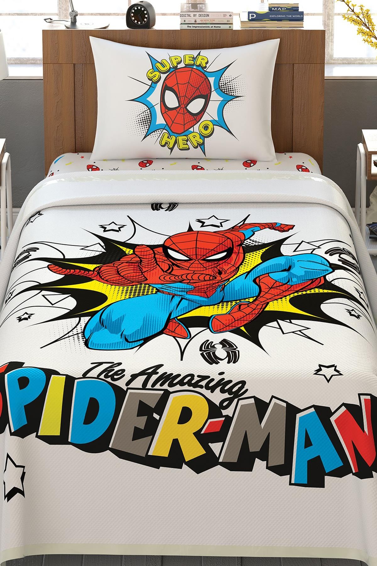 Taç Lisanslı Spiderman Süper Hero Pamuklu Tek Kişilik Pike Takımı