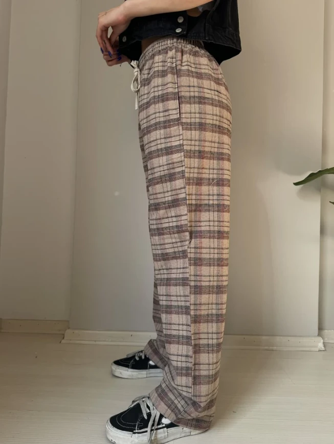 Kahverengi - Kırmızı Ekose Unisex Baggy Eşofman Altı