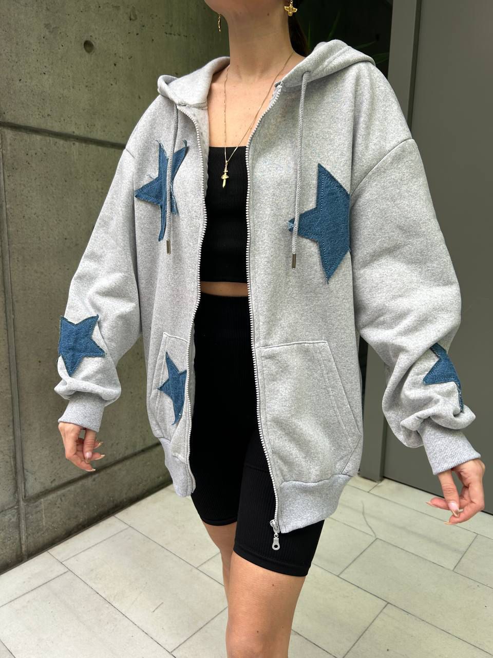 Stars Nakışlı Gri Oversize Unisex Hırka